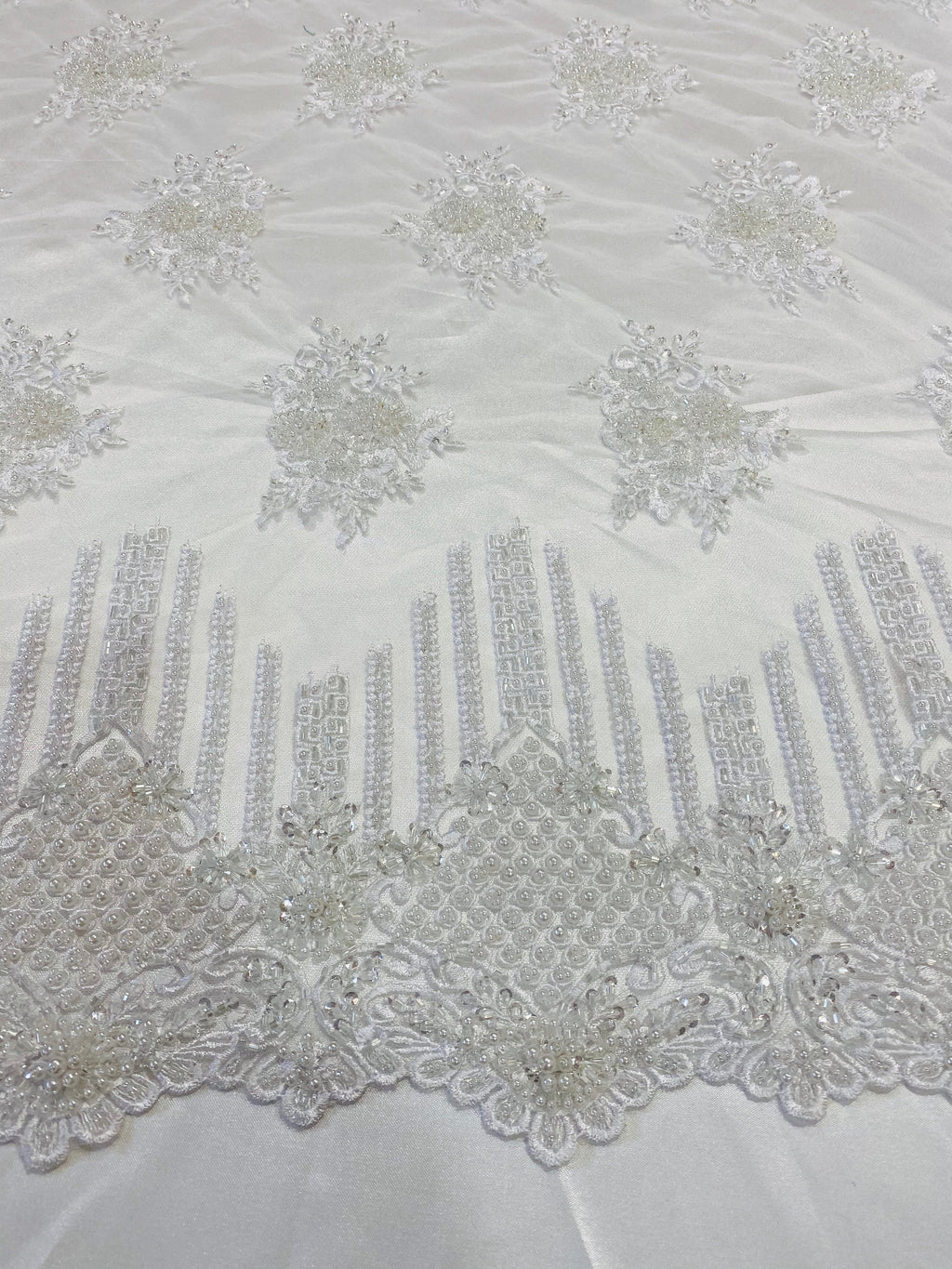Beaded Fabric - White - Hand Embroidery Lace Bridal Floral Mesh Dress Fabric By Yard