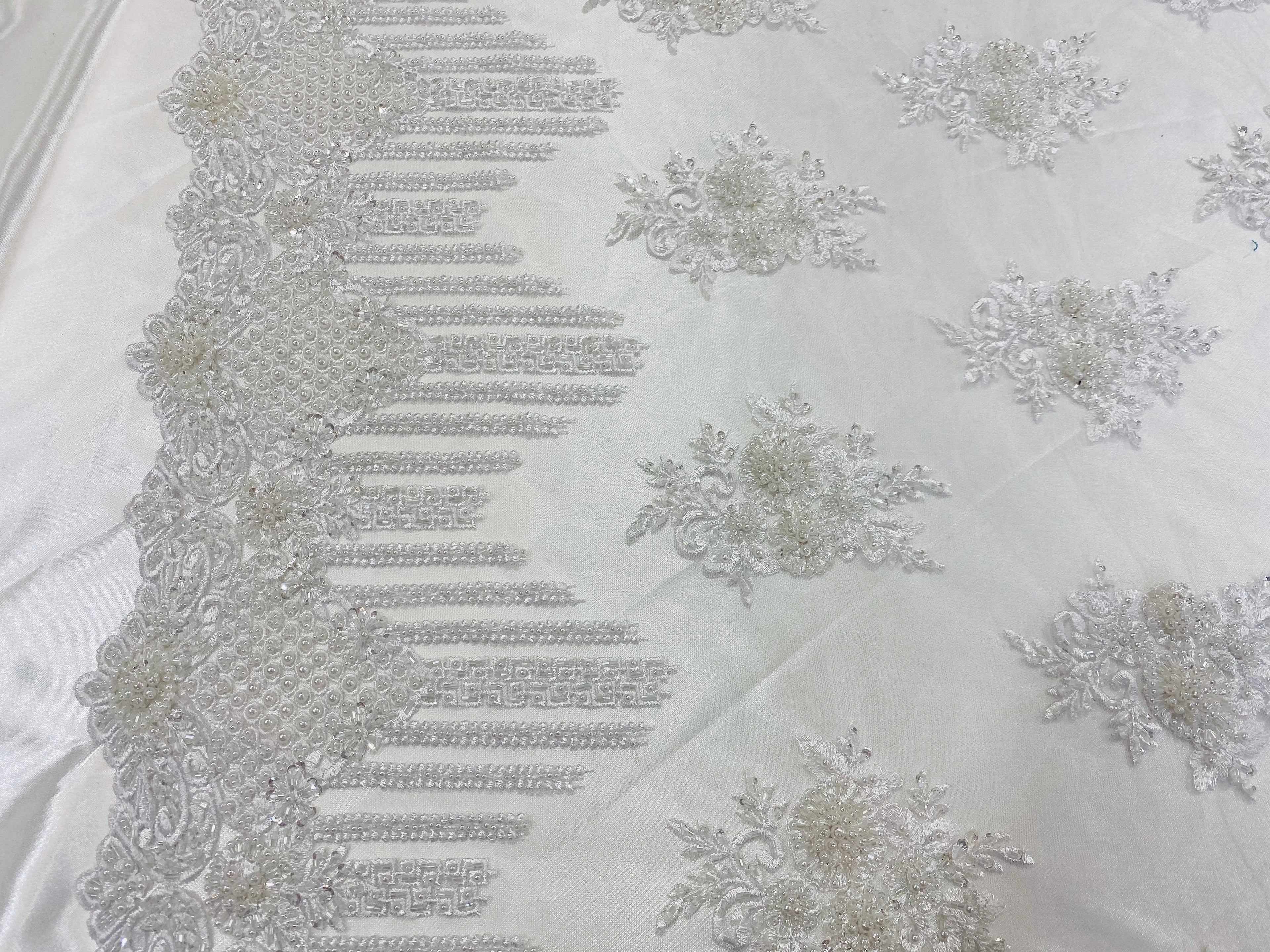 Beaded Fabric - White - Hand Embroidery Lace Bridal Floral Mesh Dress Fabric By Yard