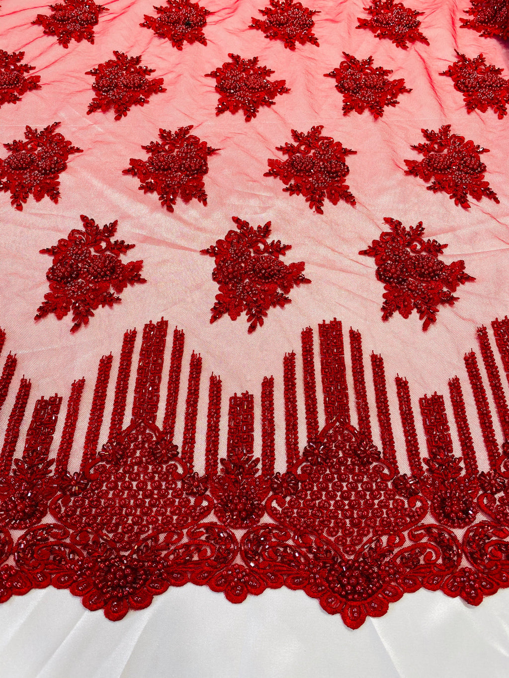Beaded Fabric - Red - Hand Embroidery Lace Bridal Floral Mesh Dress Fabric By Yard