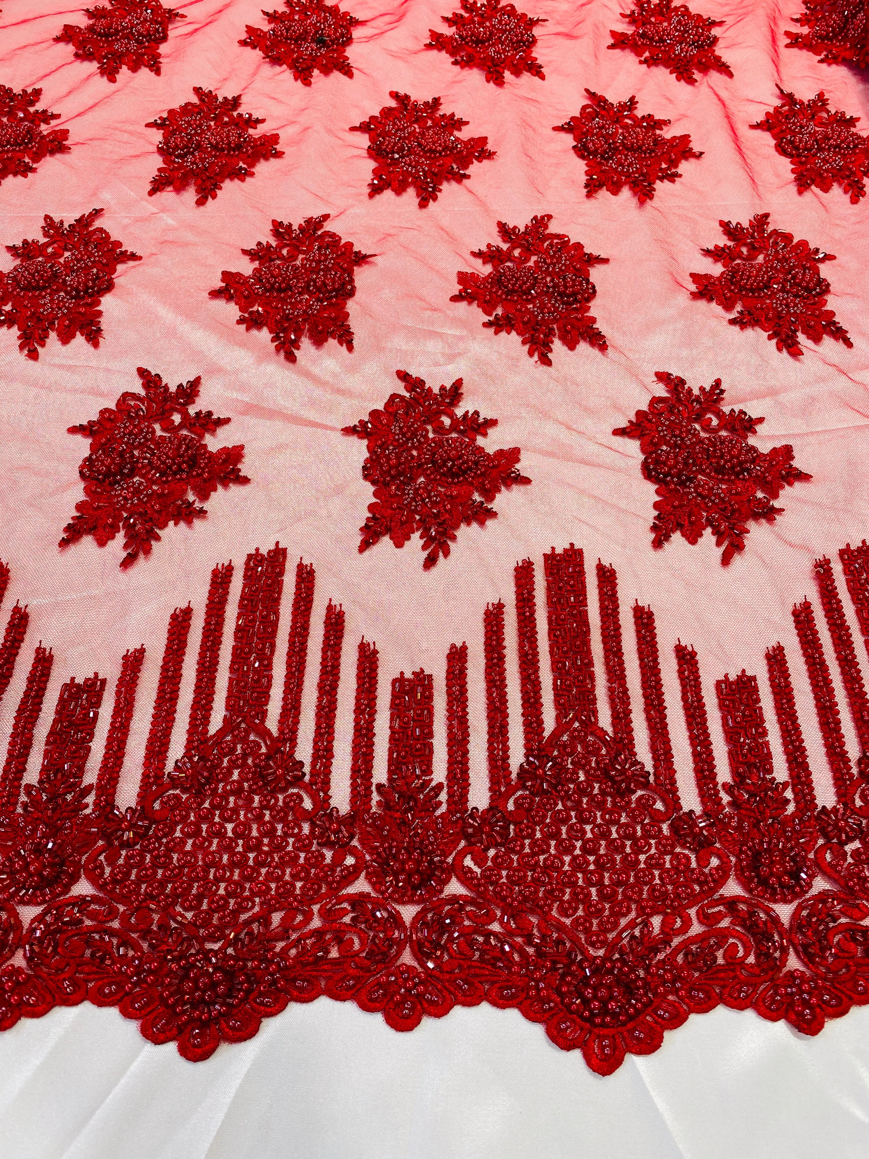 Beaded Fabric - Red - Hand Embroidery Lace Bridal Floral Mesh Dress Fabric By Yard