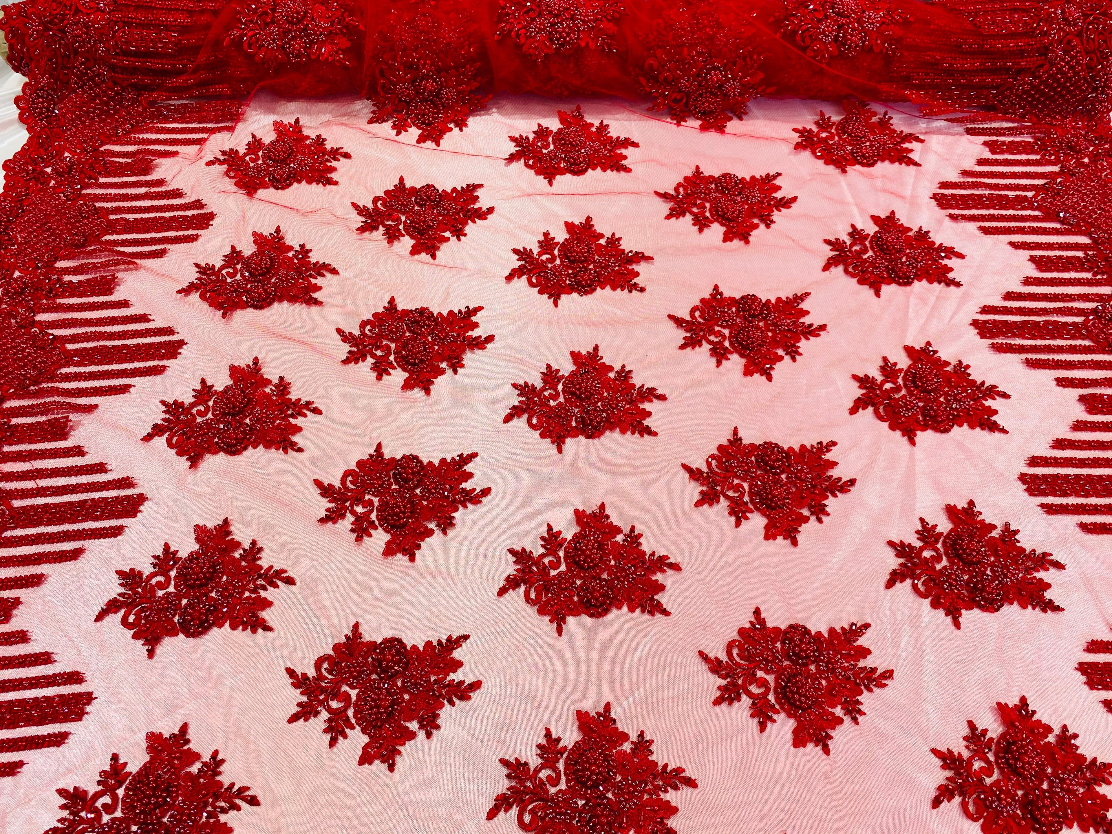Beaded Fabric - Red - Hand Embroidery Lace Bridal Floral Mesh Dress Fabric By Yard