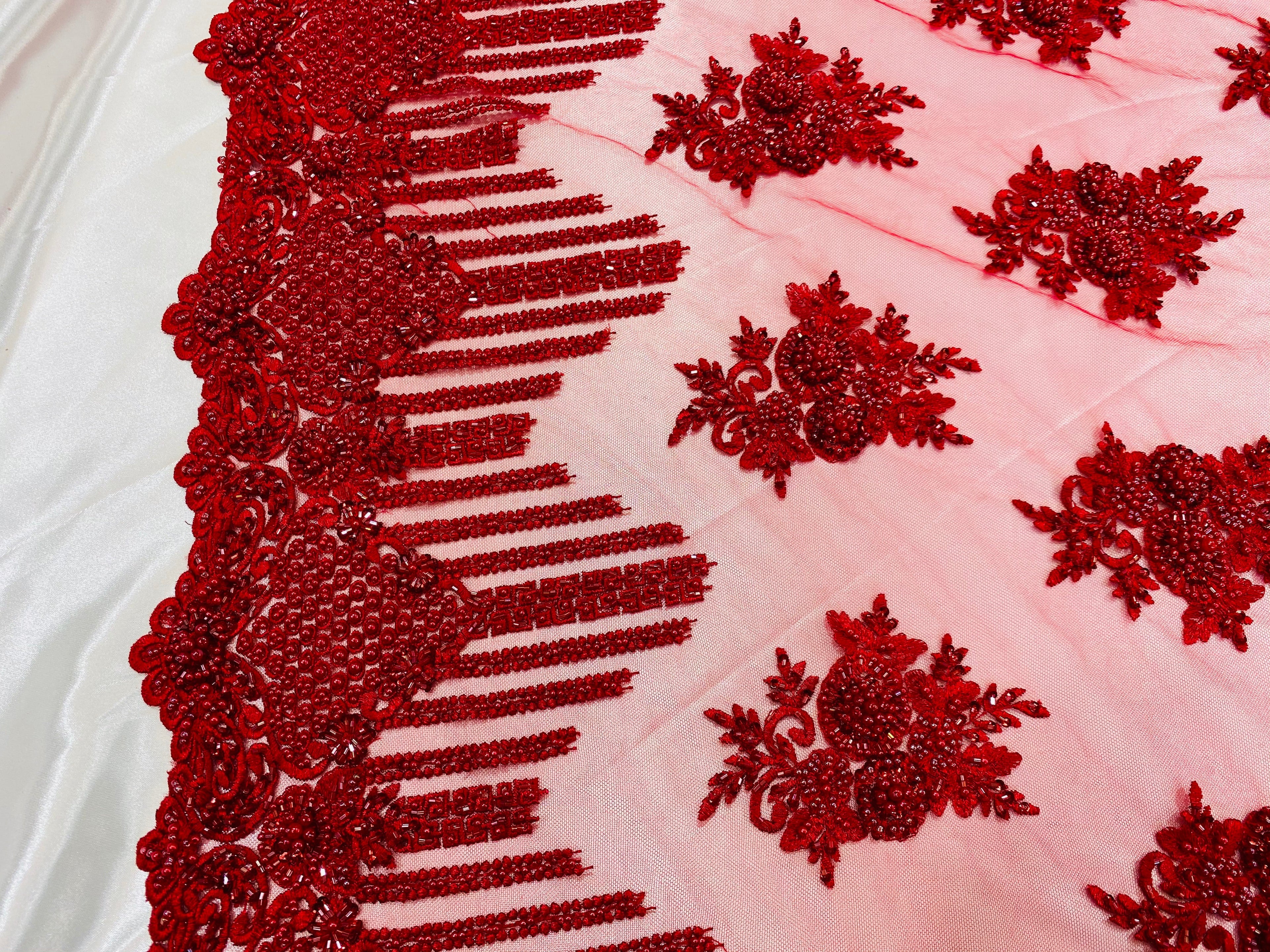 Beaded Fabric - Red - Hand Embroidery Lace Bridal Floral Mesh Dress Fabric By Yard