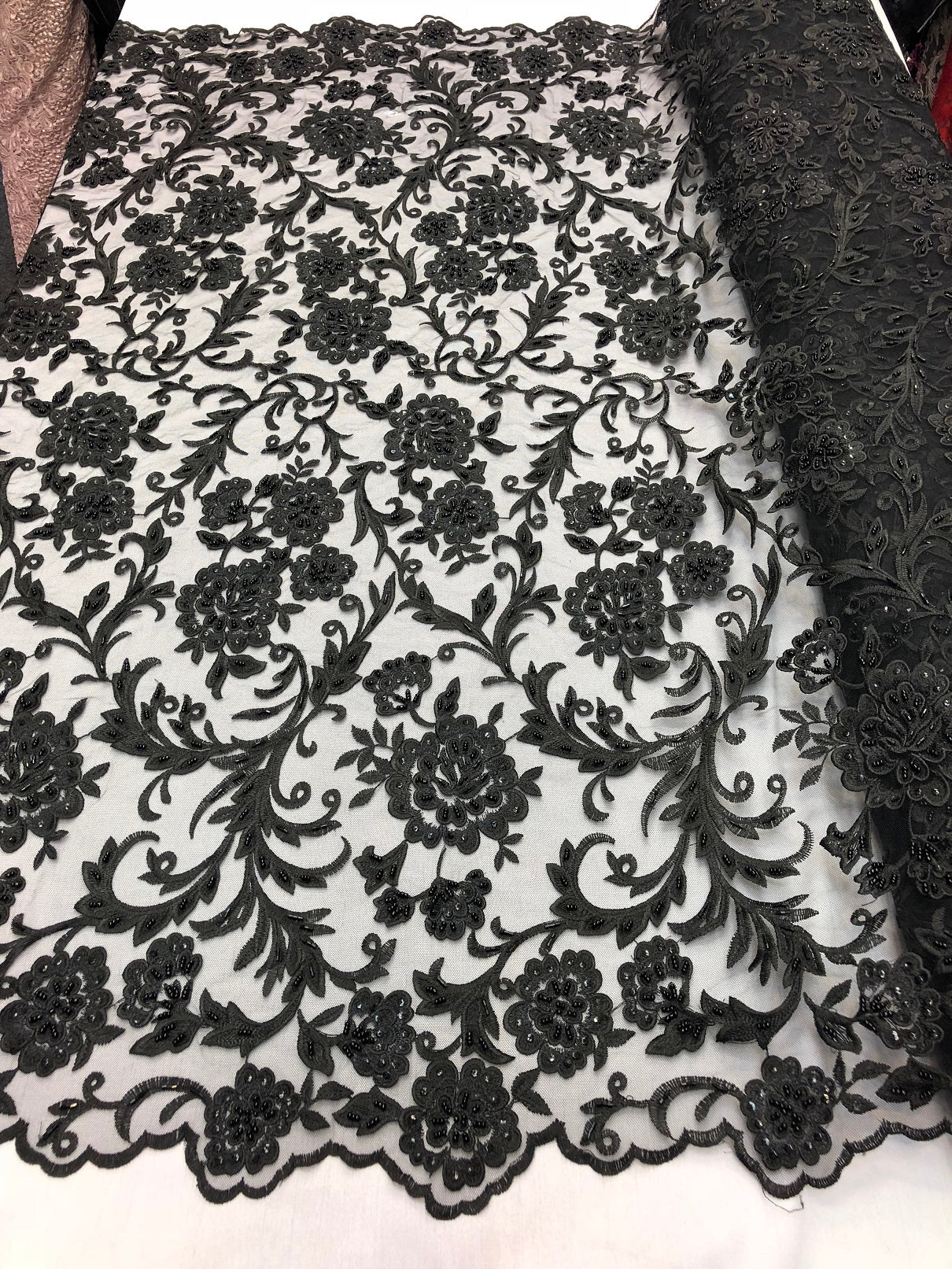 Beaded Floral - BLACK - Luxury Wedding Bridal Embroidery Lace Fabric Sold By The Yard