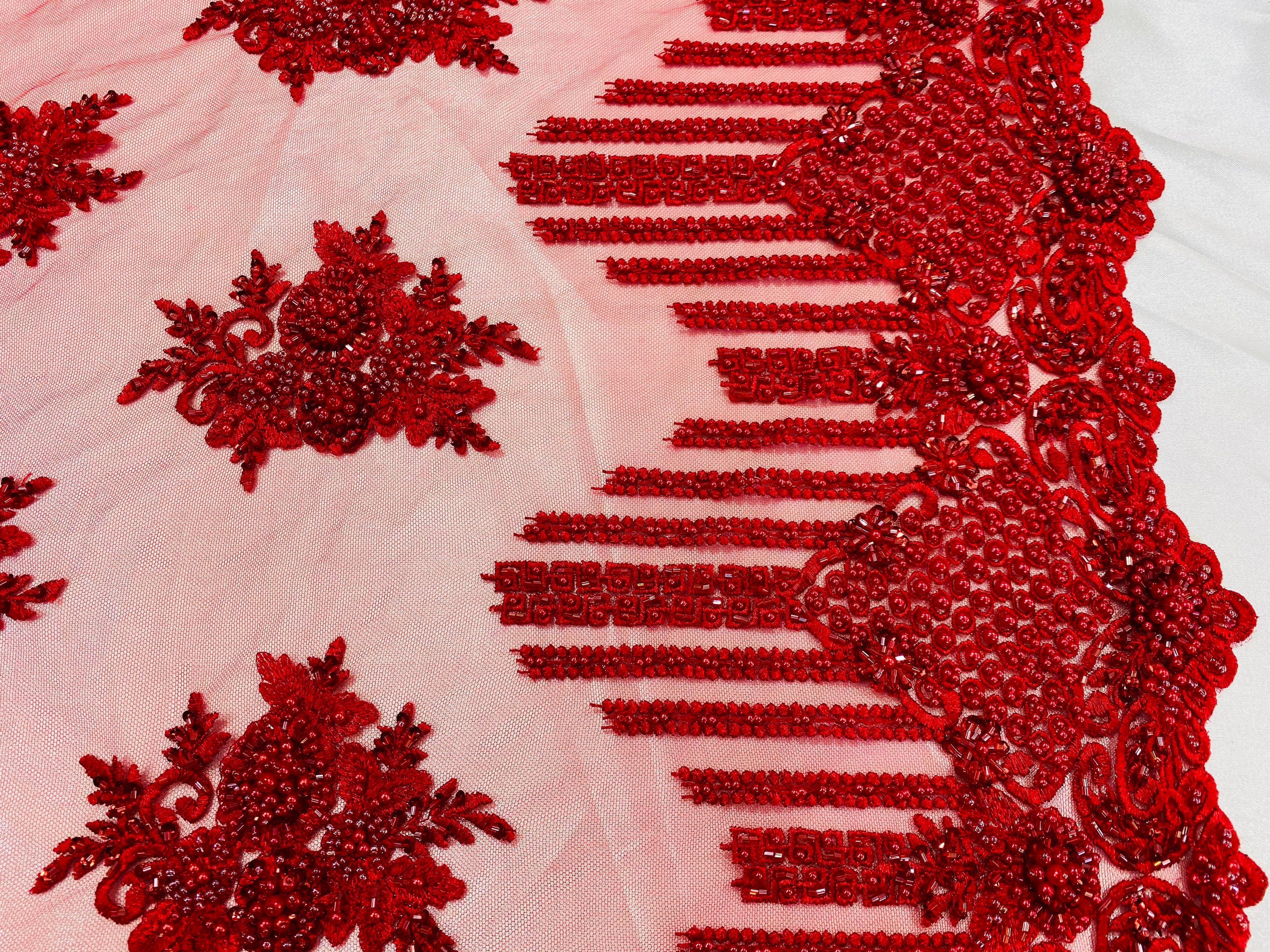 Beaded Fabric - Red - Hand Embroidery Lace Bridal Floral Mesh Dress Fabric By Yard
