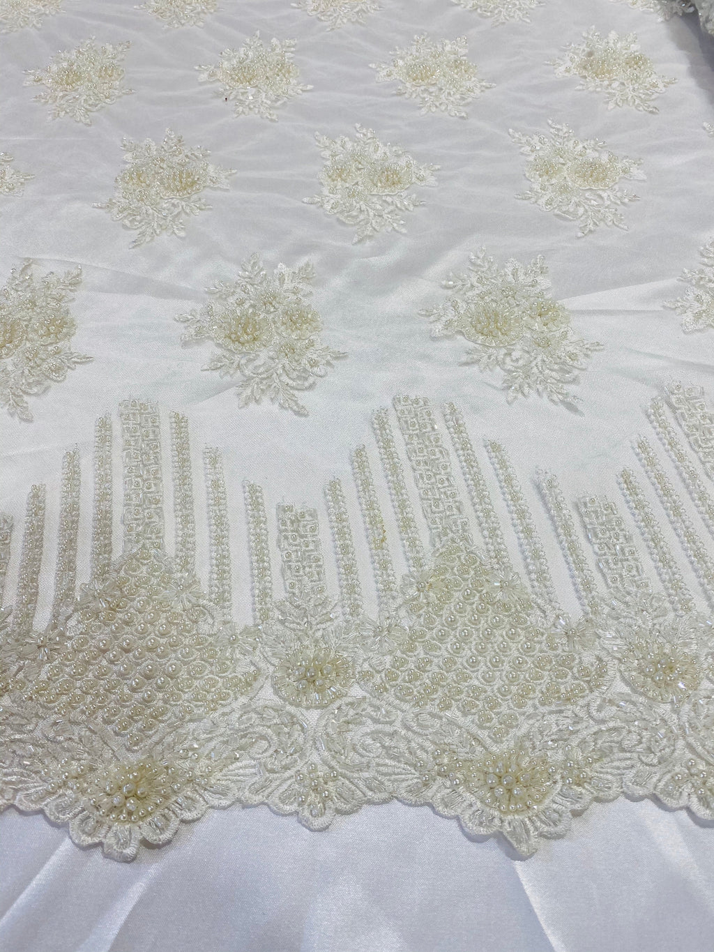Beaded Fabric - Ivory - Hand Embroidery Lace Bridal Floral Mesh Dress Fabric By Yard