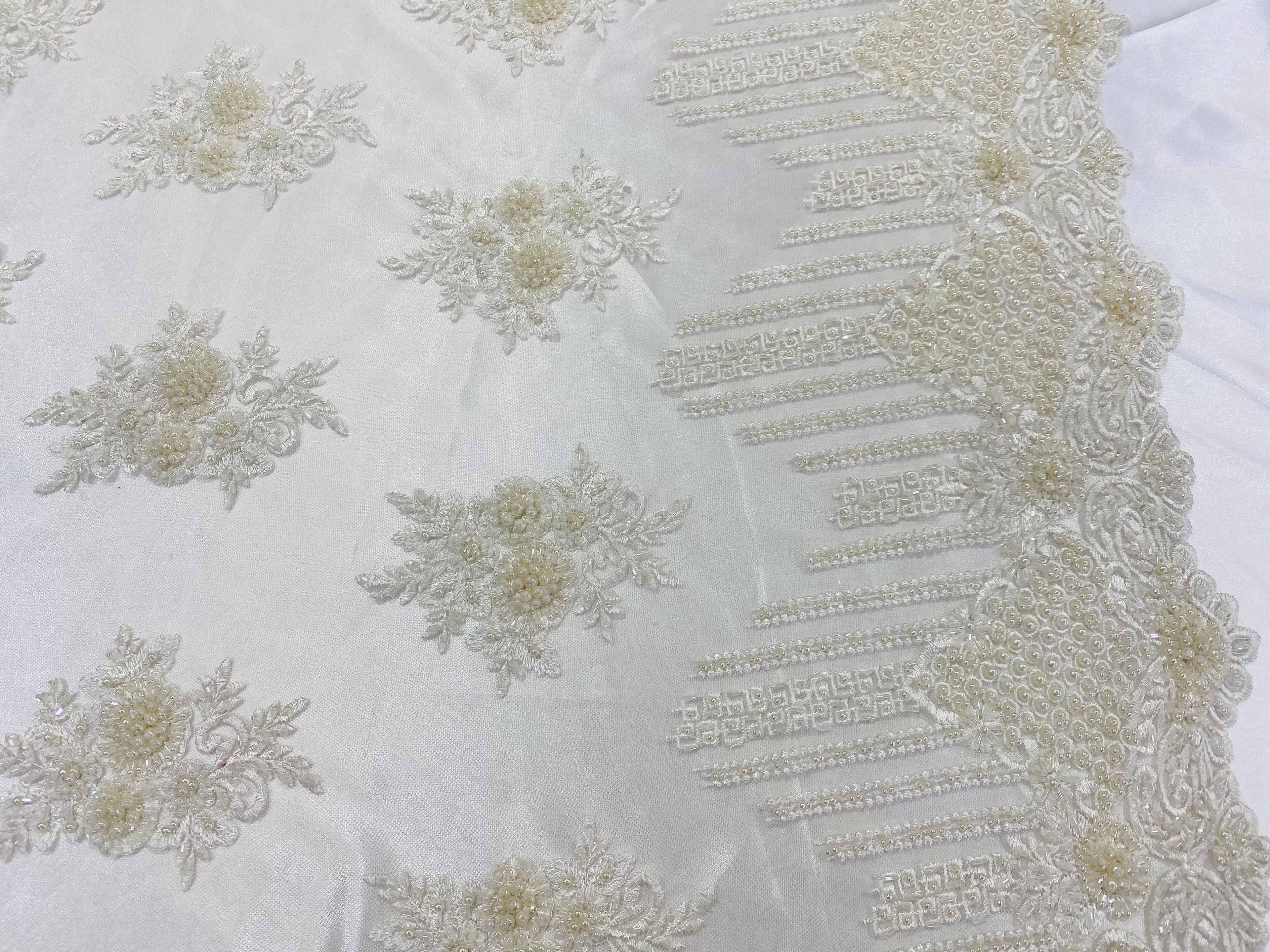 Beaded Fabric - Ivory - Hand Embroidery Lace Bridal Floral Mesh Dress Fabric By Yard
