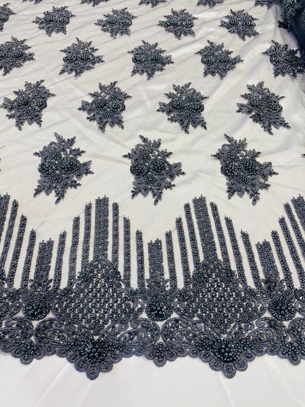 Beaded Fabric - Charcoal - Hand Embroidery Lace Bridal Floral Mesh Dress Fabric By Yard