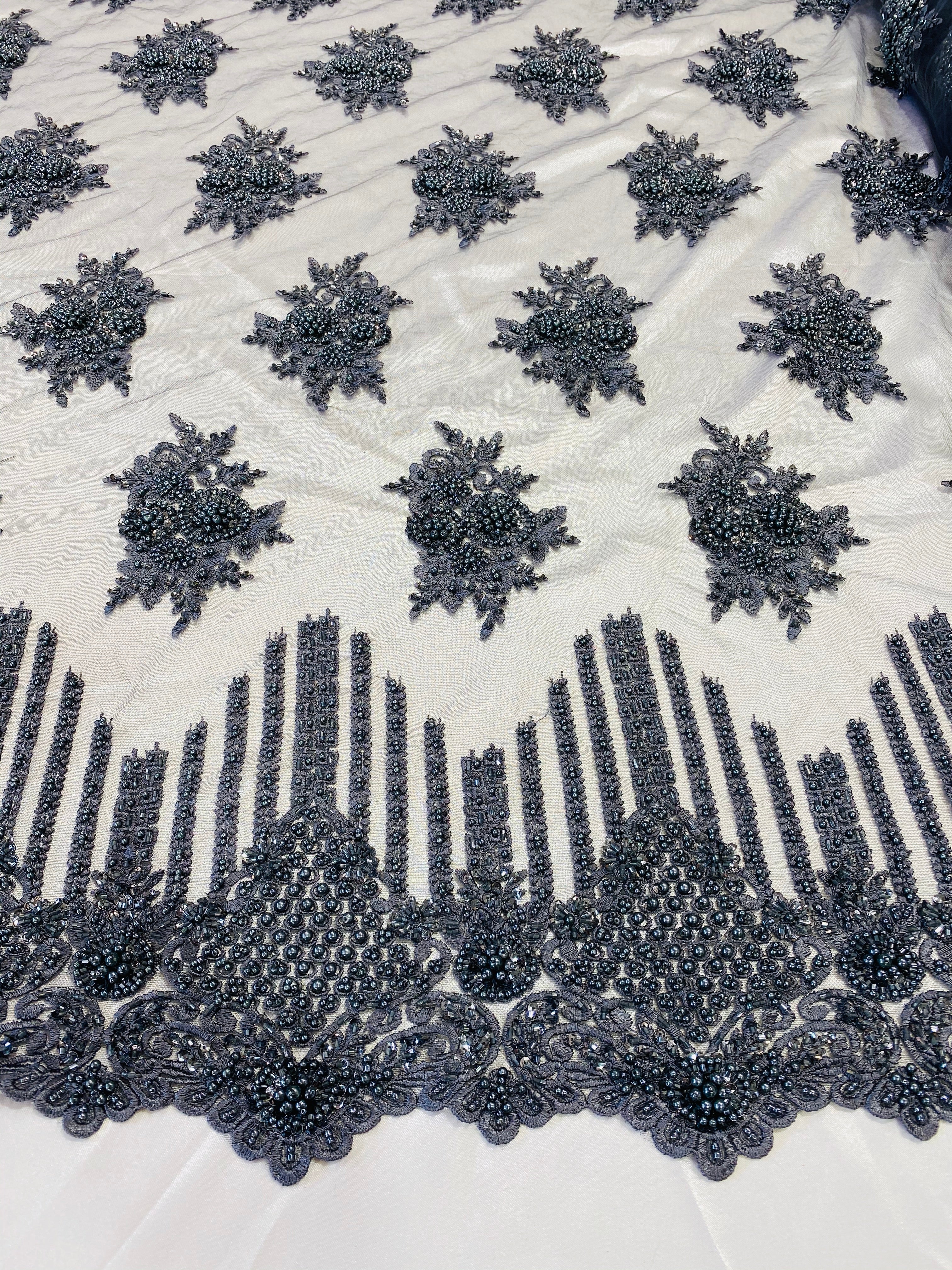 Beaded Fabric - Charcoal - Hand Embroidery Lace Bridal Floral Mesh Dress Fabric By Yard