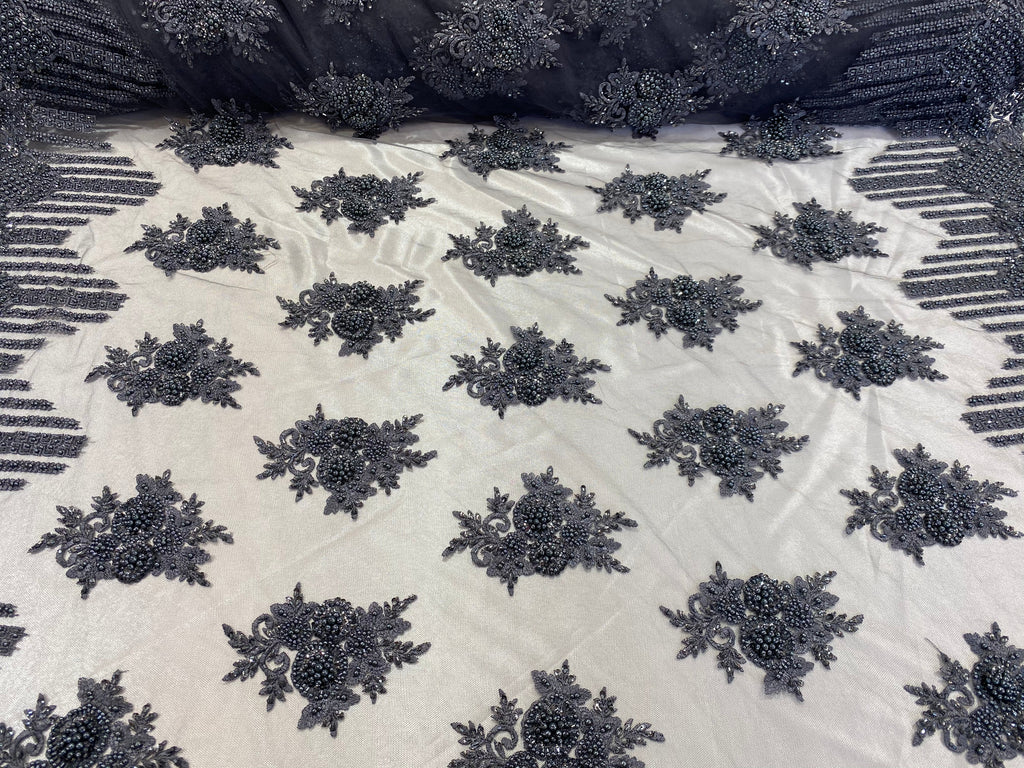 Beaded Fabric - Charcoal - Hand Embroidery Lace Bridal Floral Mesh Dress Fabric By Yard