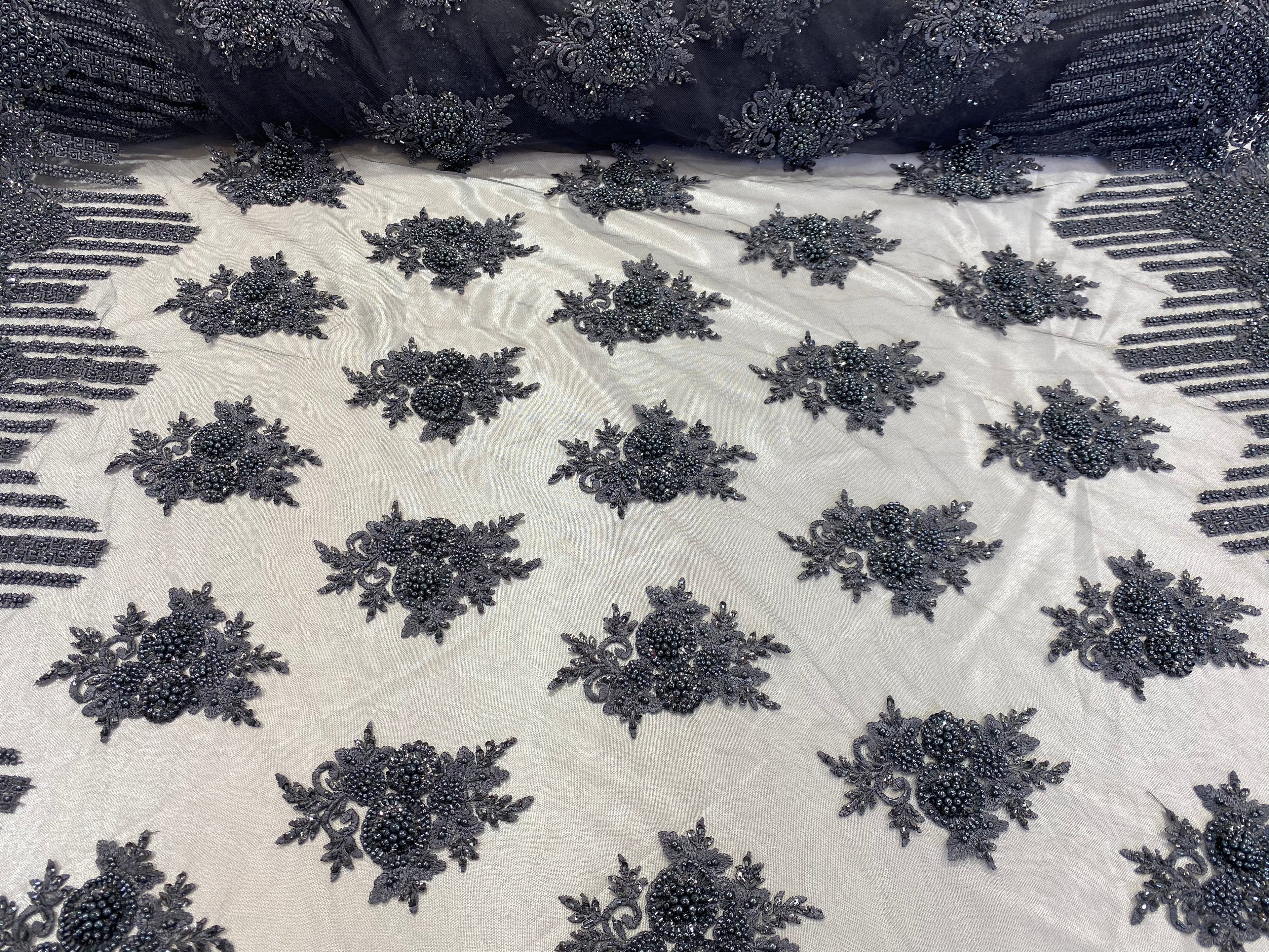 Beaded Fabric - Charcoal - Hand Embroidery Lace Bridal Floral Mesh Dress Fabric By Yard