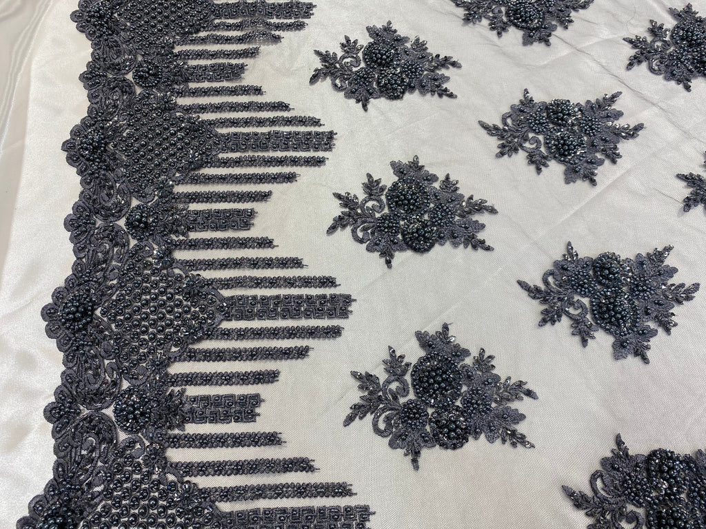 Beaded Fabric - Charcoal - Hand Embroidery Lace Bridal Floral Mesh Dress Fabric By Yard