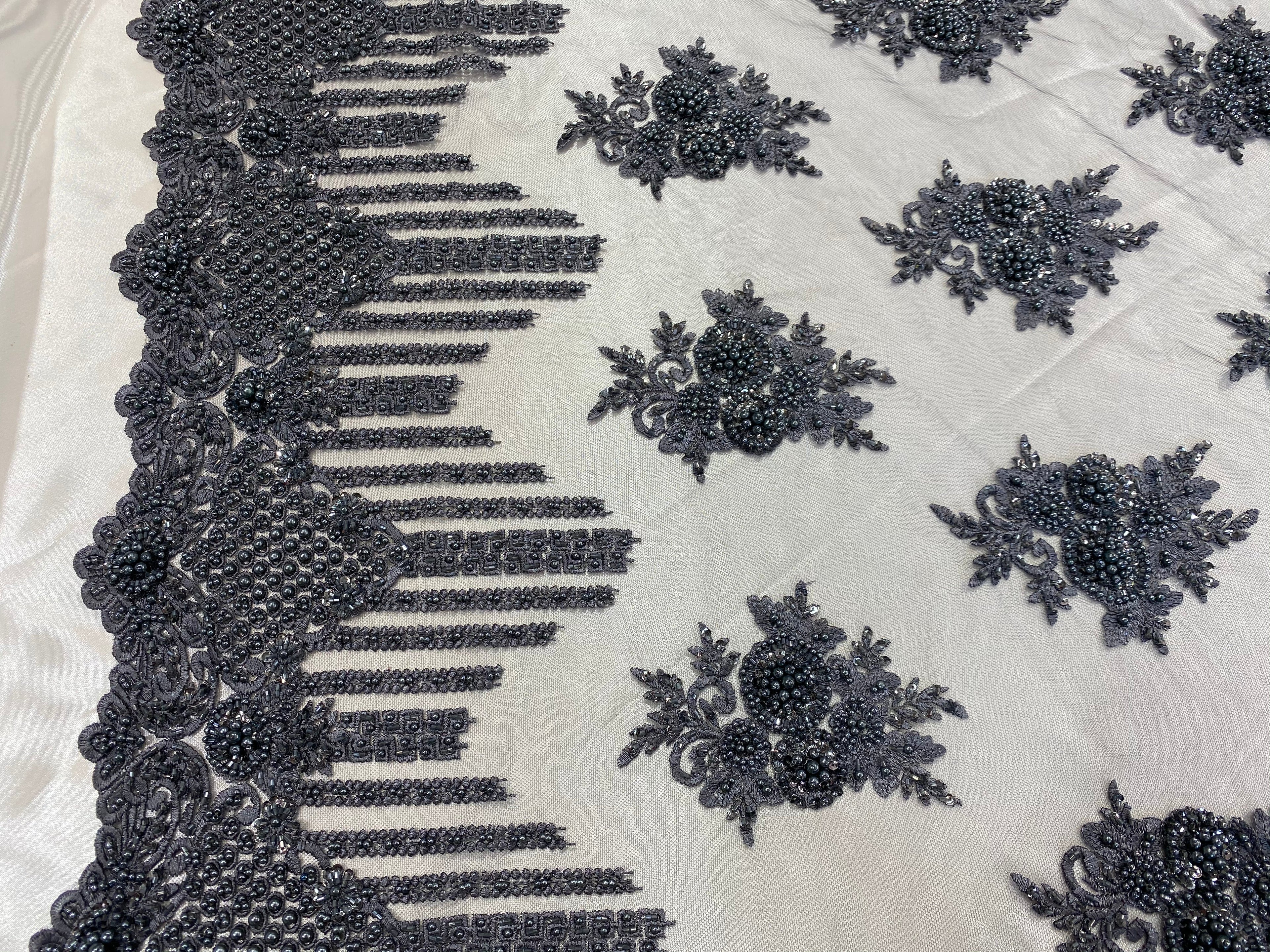 Beaded Fabric - Charcoal - Hand Embroidery Lace Bridal Floral Mesh Dress Fabric By Yard