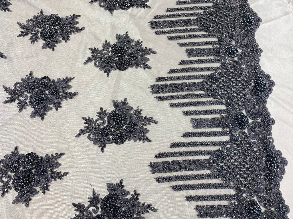 Beaded Fabric - Charcoal - Hand Embroidery Lace Bridal Floral Mesh Dress Fabric By Yard
