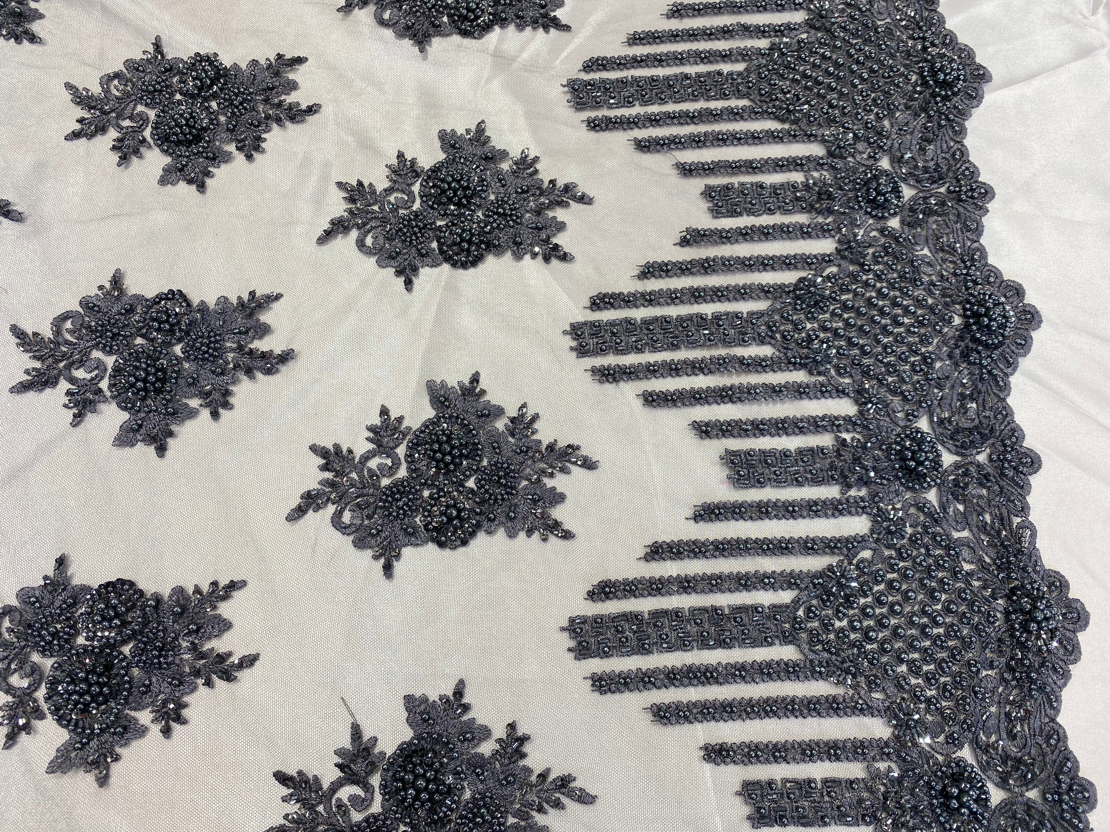 Beaded Fabric - Charcoal - Hand Embroidery Lace Bridal Floral Mesh Dress Fabric By Yard