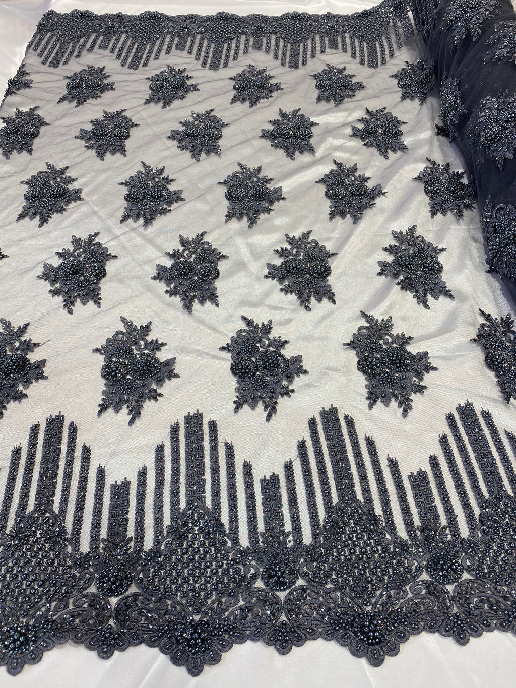 Beaded Fabric - Charcoal - Hand Embroidery Lace Bridal Floral Mesh Dress Fabric By Yard