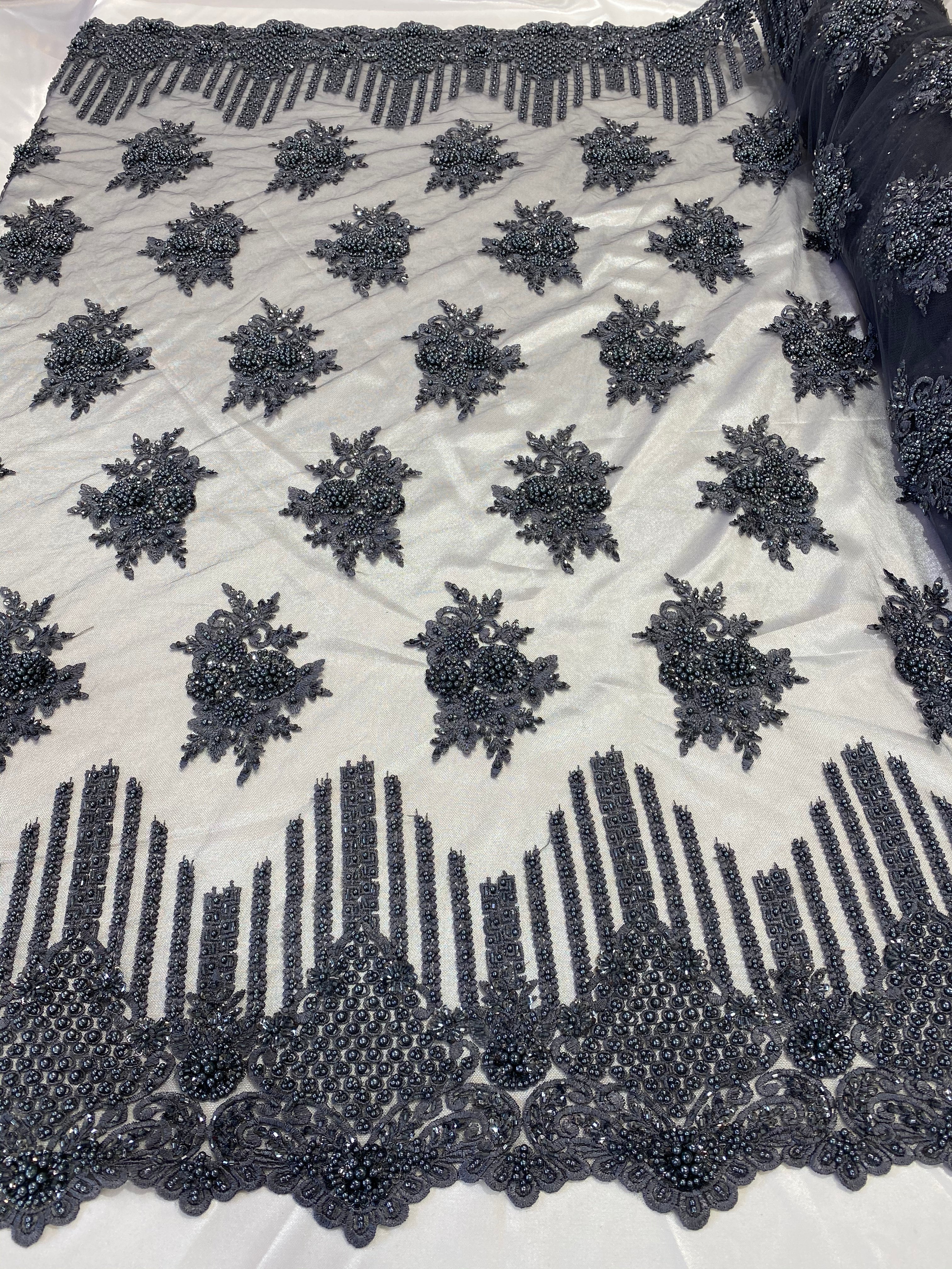 Beaded Fabric - Charcoal - Hand Embroidery Lace Bridal Floral Mesh Dress Fabric By Yard
