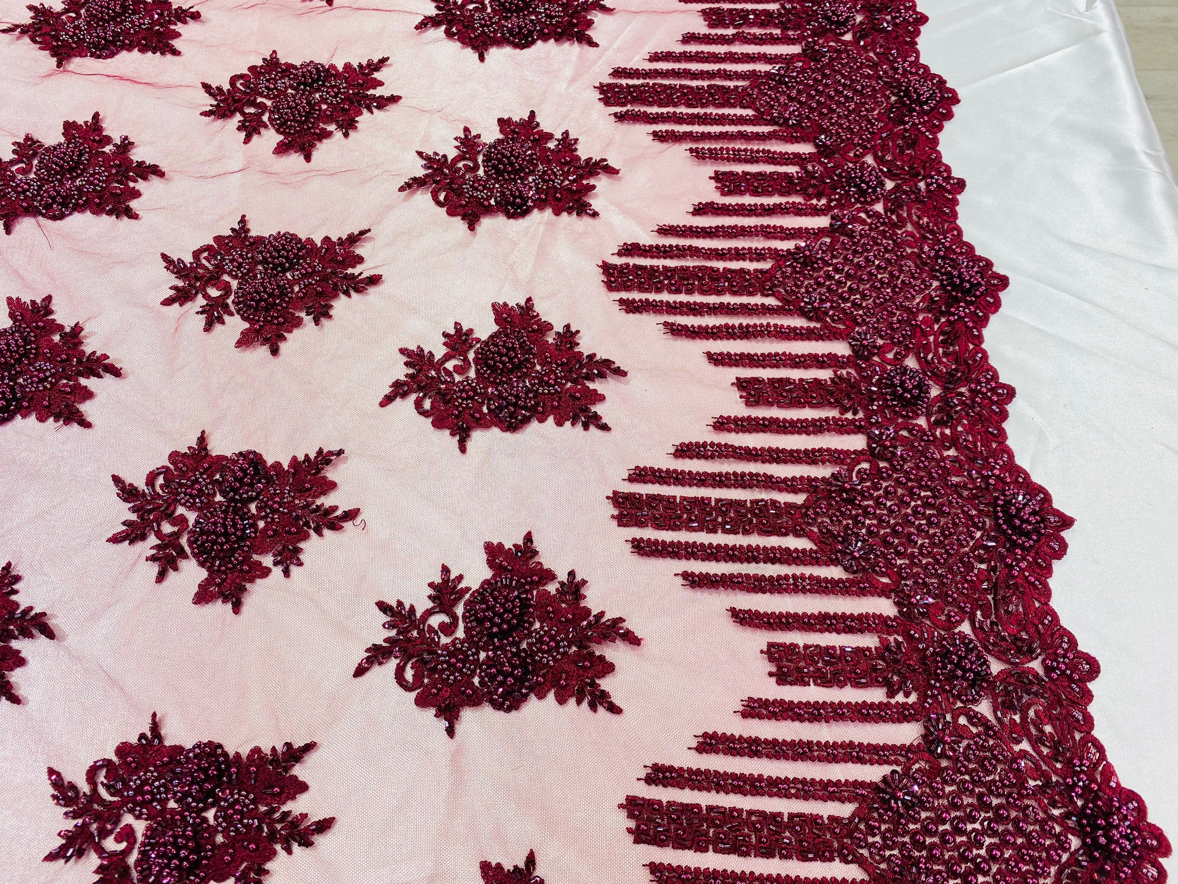 Beaded Fabric - Burgundy - Hand Embroidery Lace Bridal Floral Mesh Dress Fabric By Yard