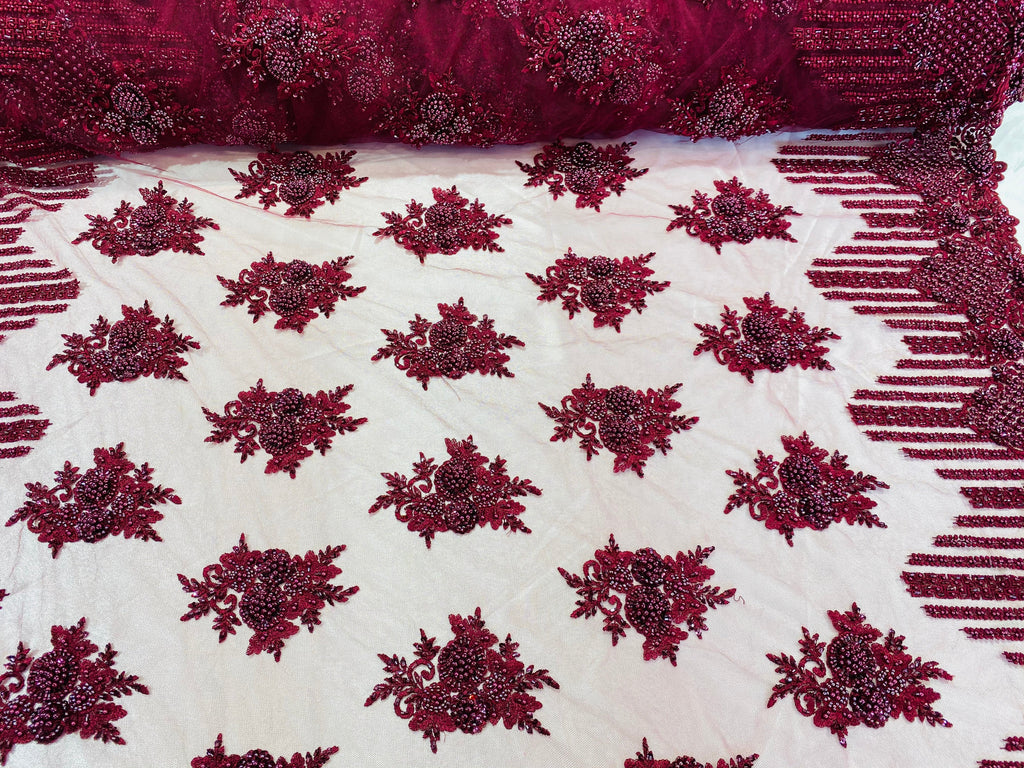 Beaded Fabric - Burgundy - Hand Embroidery Lace Bridal Floral Mesh Dress Fabric By Yard