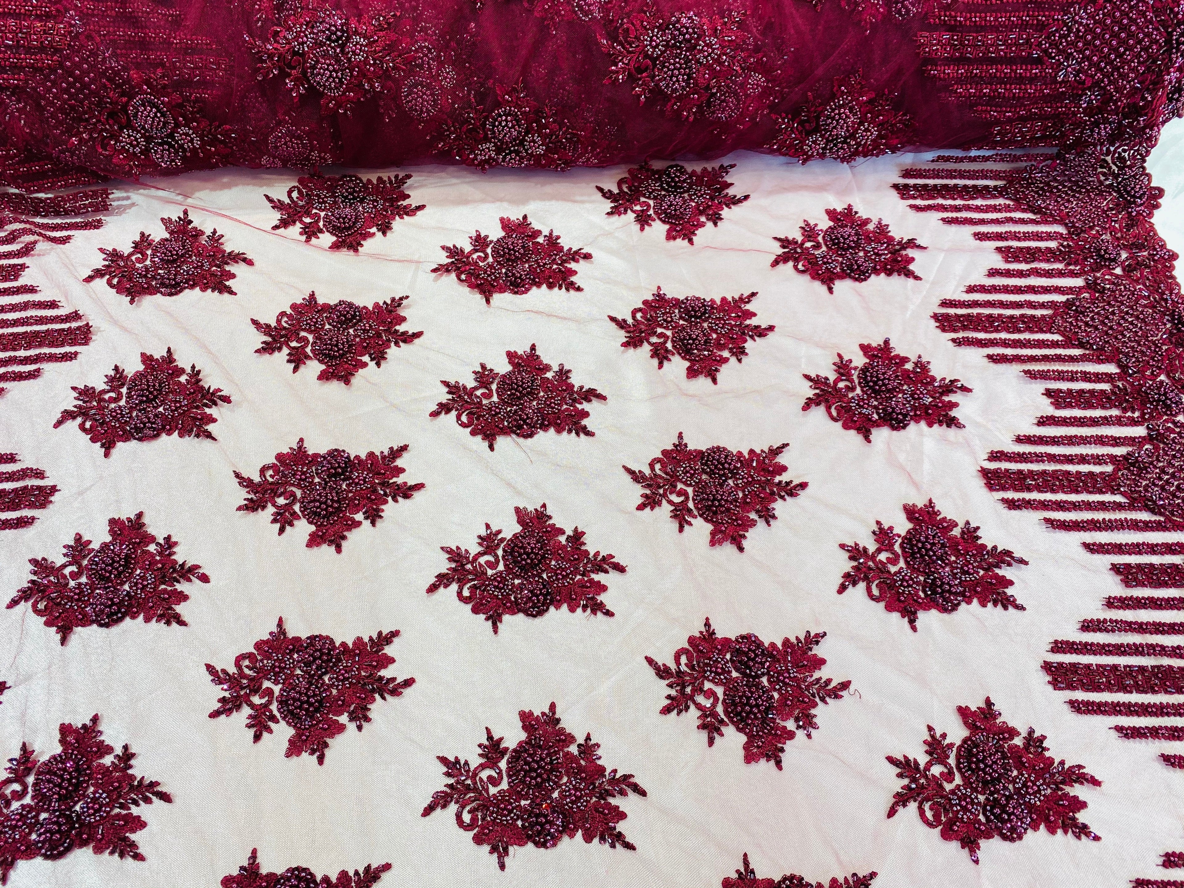 Beaded Fabric - Burgundy - Hand Embroidery Lace Bridal Floral Mesh Dress Fabric By Yard