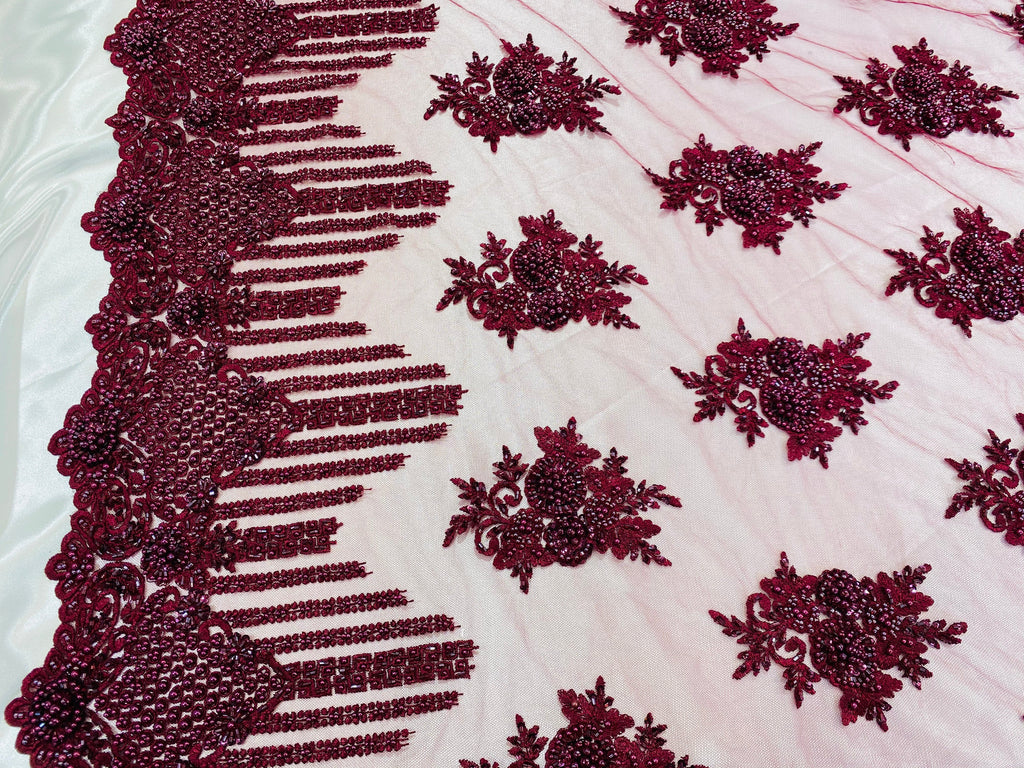 Beaded Fabric - Burgundy - Hand Embroidery Lace Bridal Floral Mesh Dress Fabric By Yard