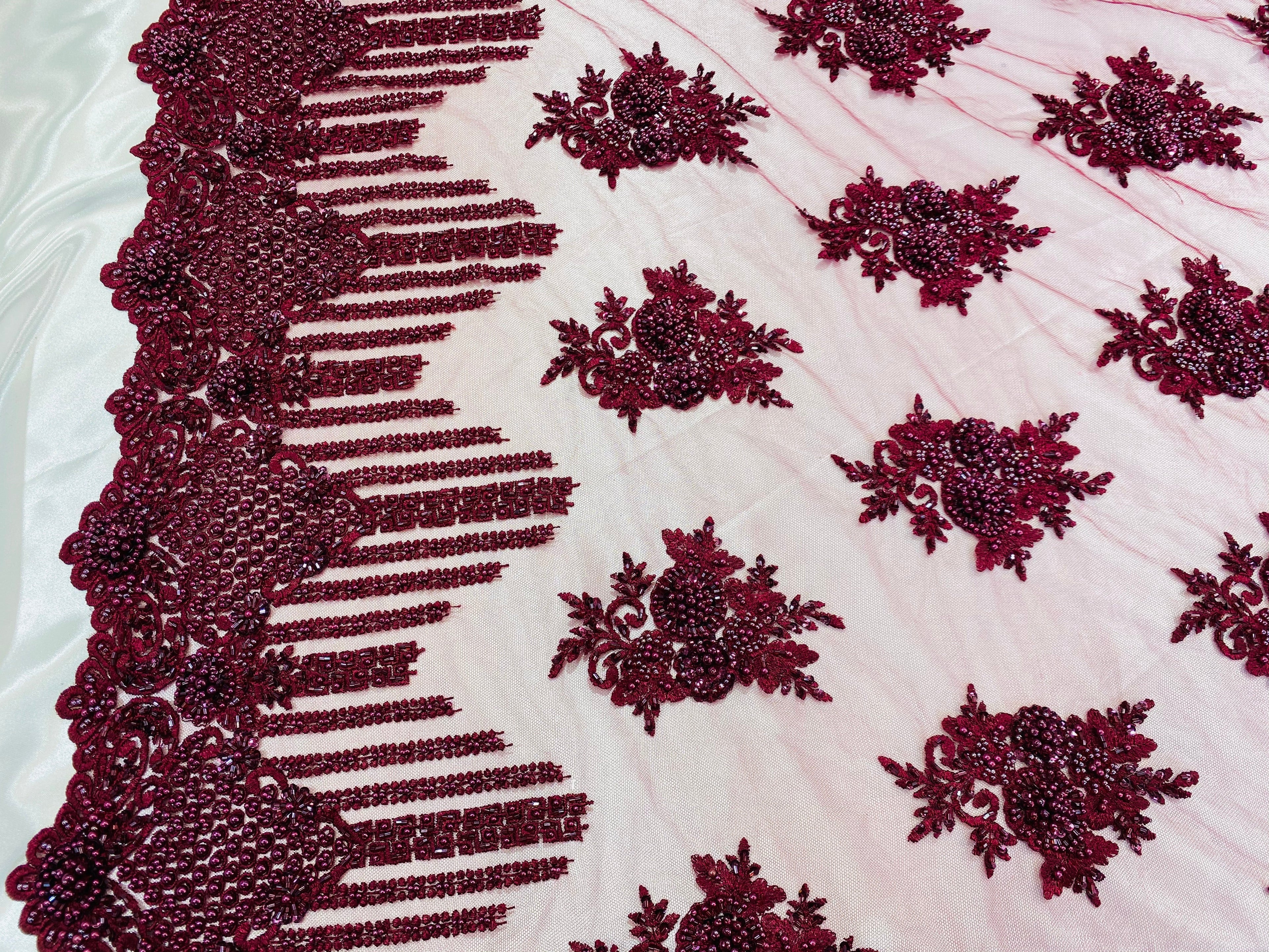 Beaded Fabric - Burgundy - Hand Embroidery Lace Bridal Floral Mesh Dress Fabric By Yard