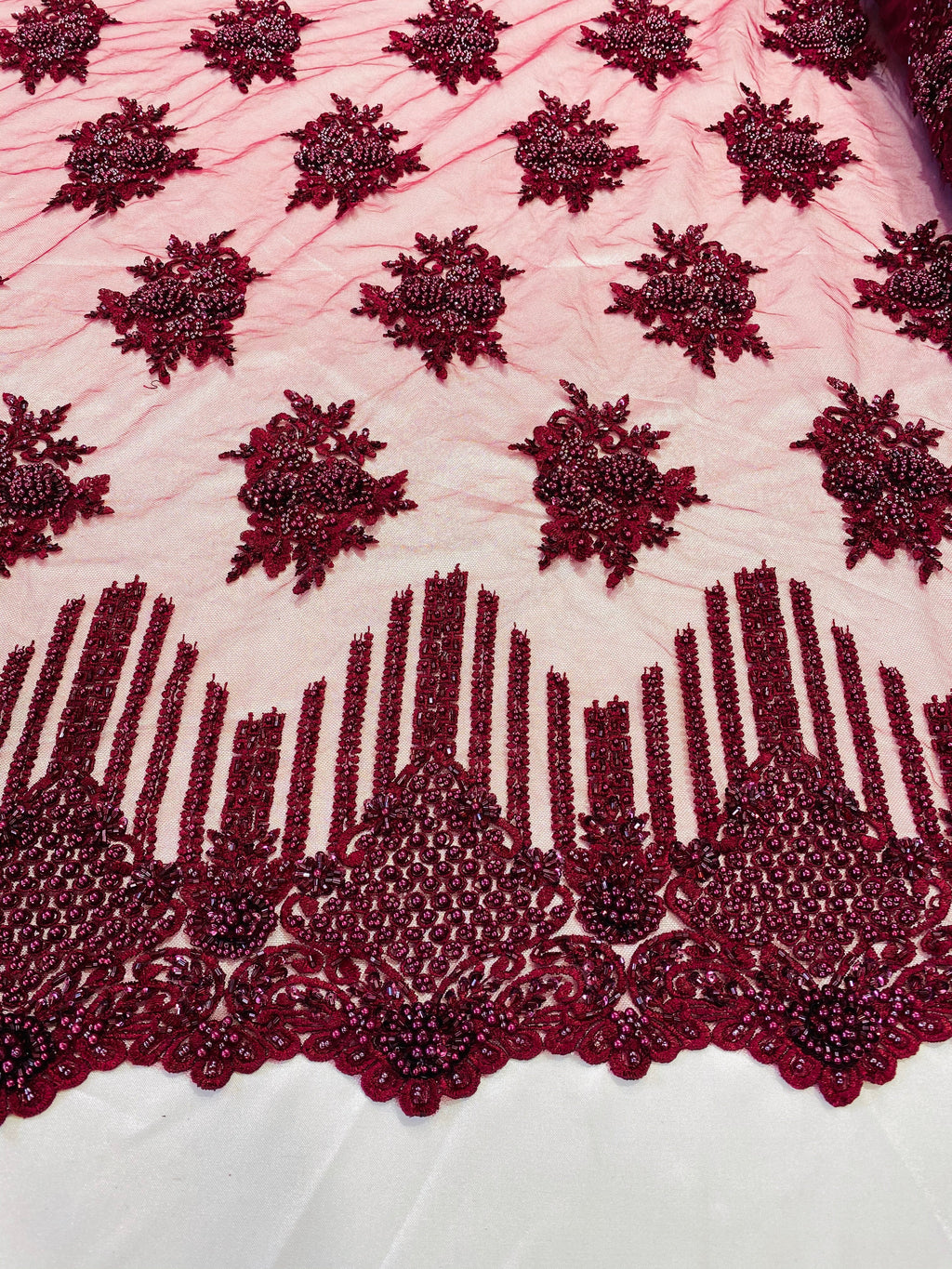 Beaded Fabric - Burgundy - Hand Embroidery Lace Bridal Floral Mesh Dress Fabric By Yard