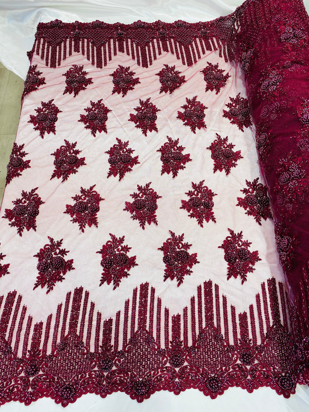 Beaded Fabric - Burgundy - Hand Embroidery Lace Bridal Floral Mesh Dress Fabric By Yard