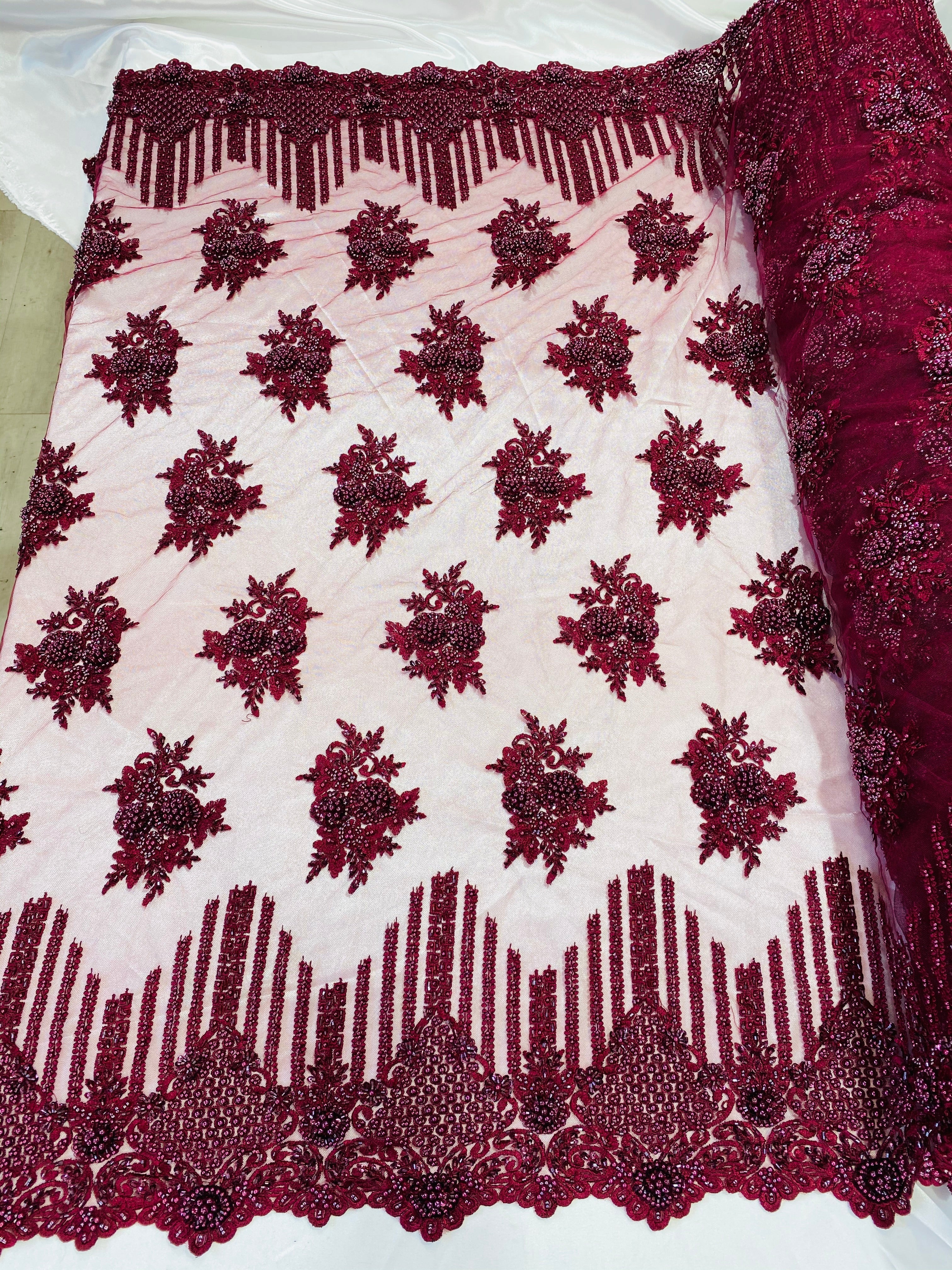 Beaded Fabric - Burgundy - Hand Embroidery Lace Bridal Floral Mesh Dress Fabric By Yard