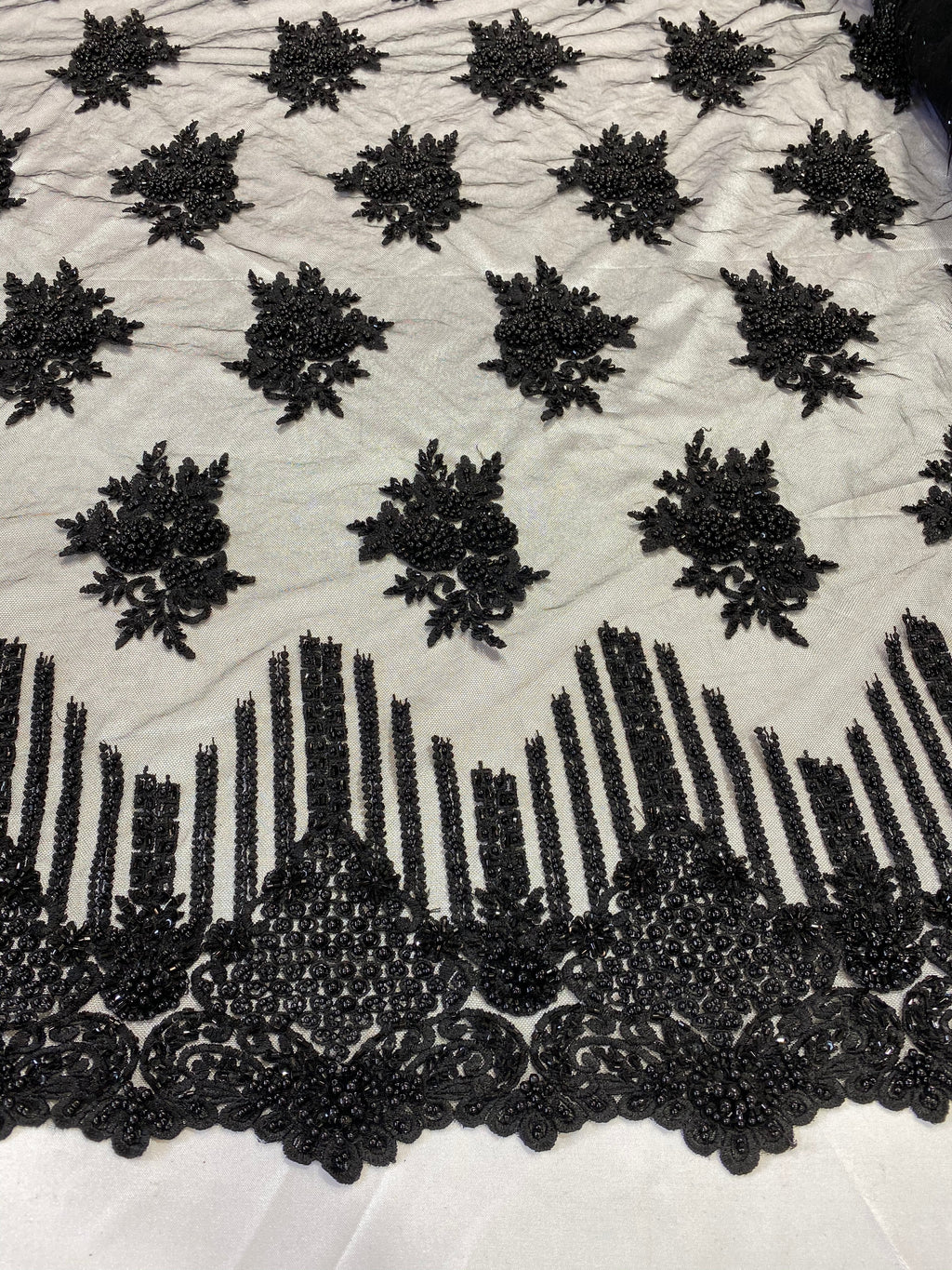 Sample Beaded Fabric - Black - Hand Embroidery Lace Bridal Floral Mesh Dress Fabric