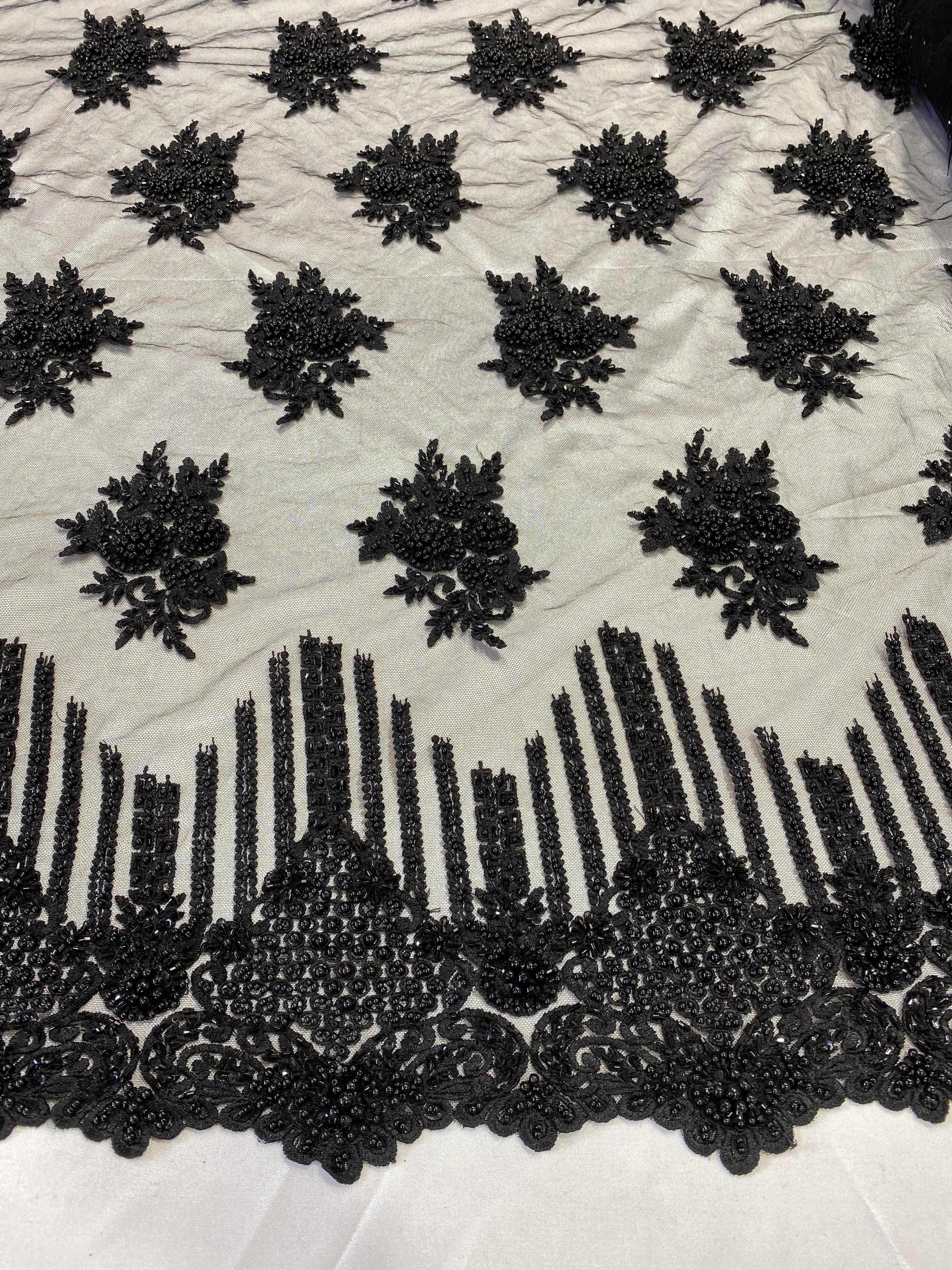 Sample Beaded Fabric - Black - Hand Embroidery Lace Bridal Floral Mesh Dress Fabric