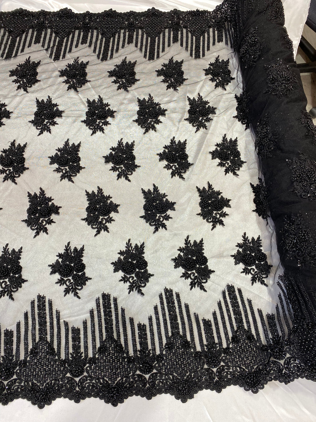 Beaded Fabric - Black - Hand Embroidery Lace Bridal Floral Mesh Dress Fabric By Yard