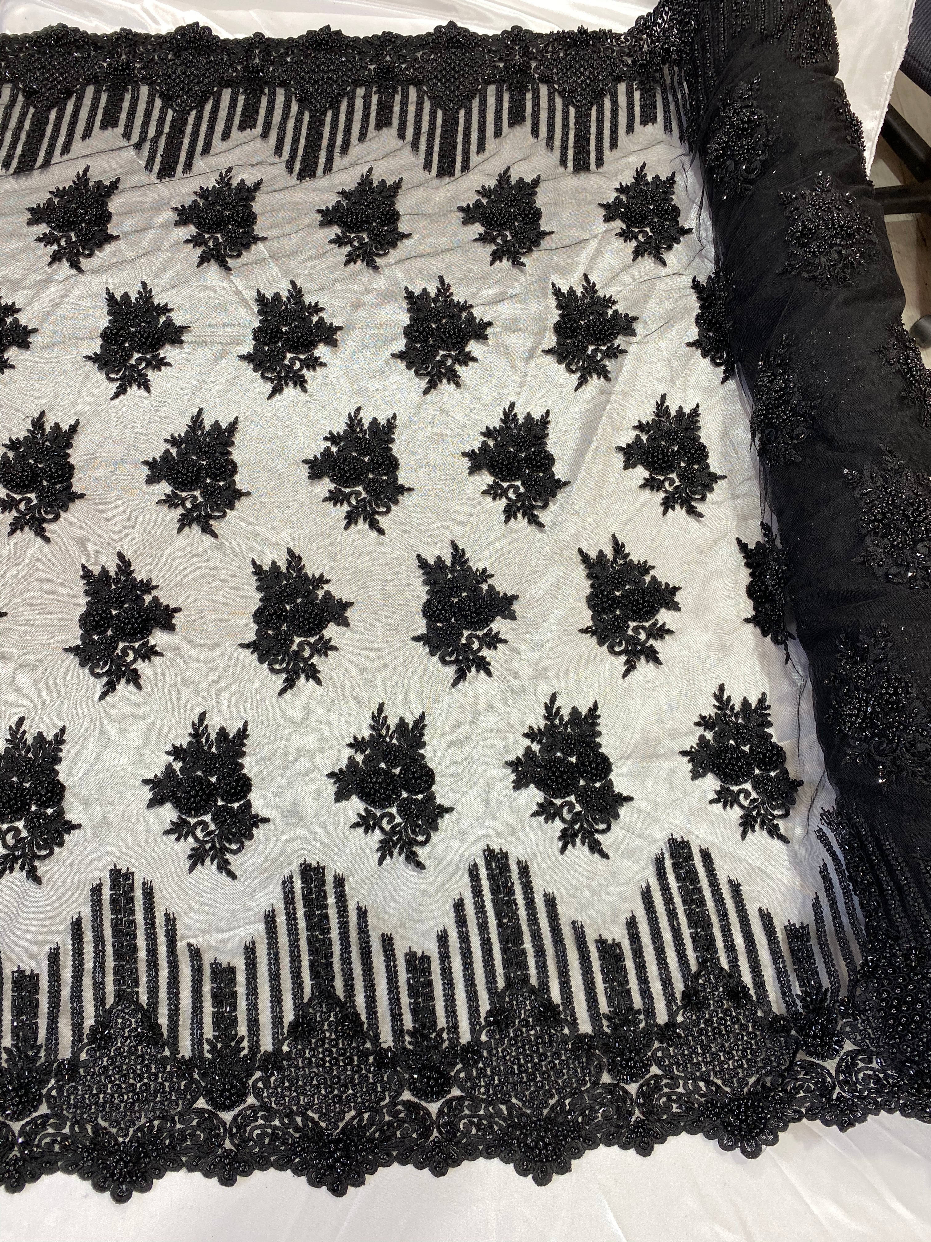 Beaded Fabric - Black - Hand Embroidery Lace Bridal Floral Mesh Dress Fabric By Yard
