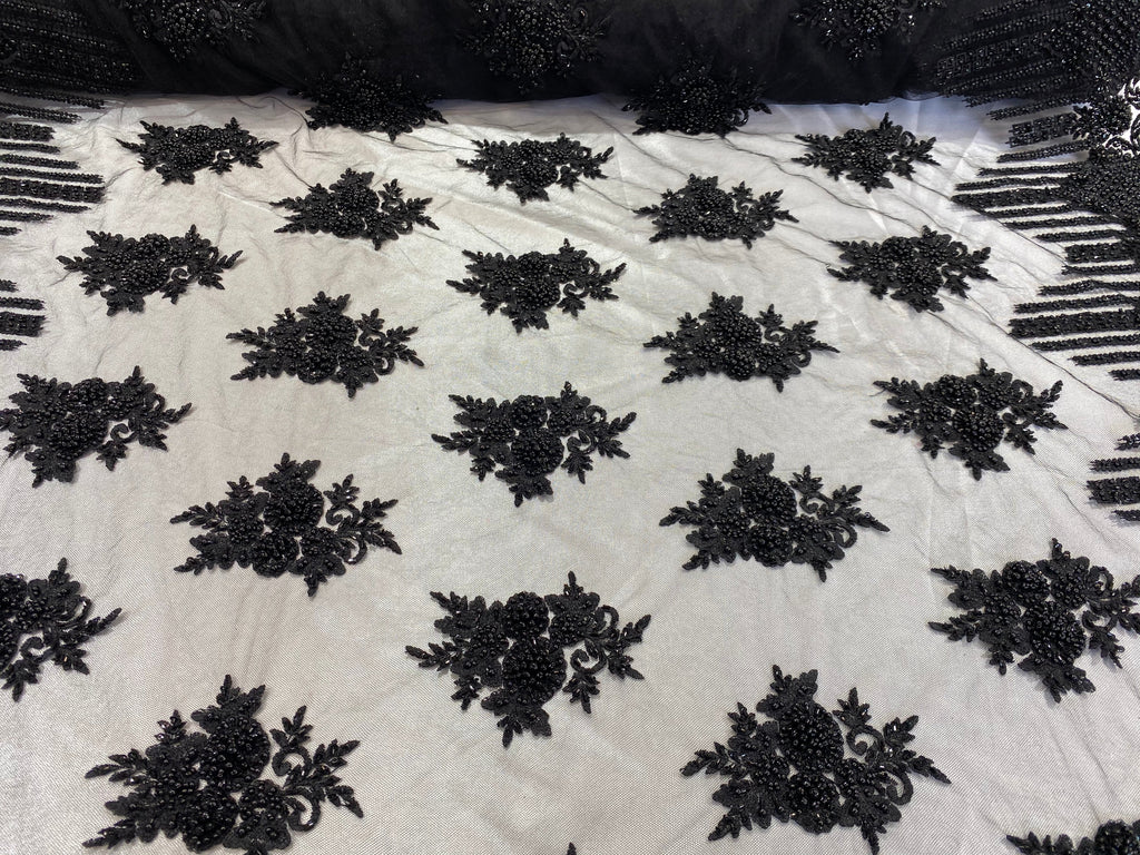 Sample Beaded Fabric - Black - Hand Embroidery Lace Bridal Floral Mesh Dress Fabric