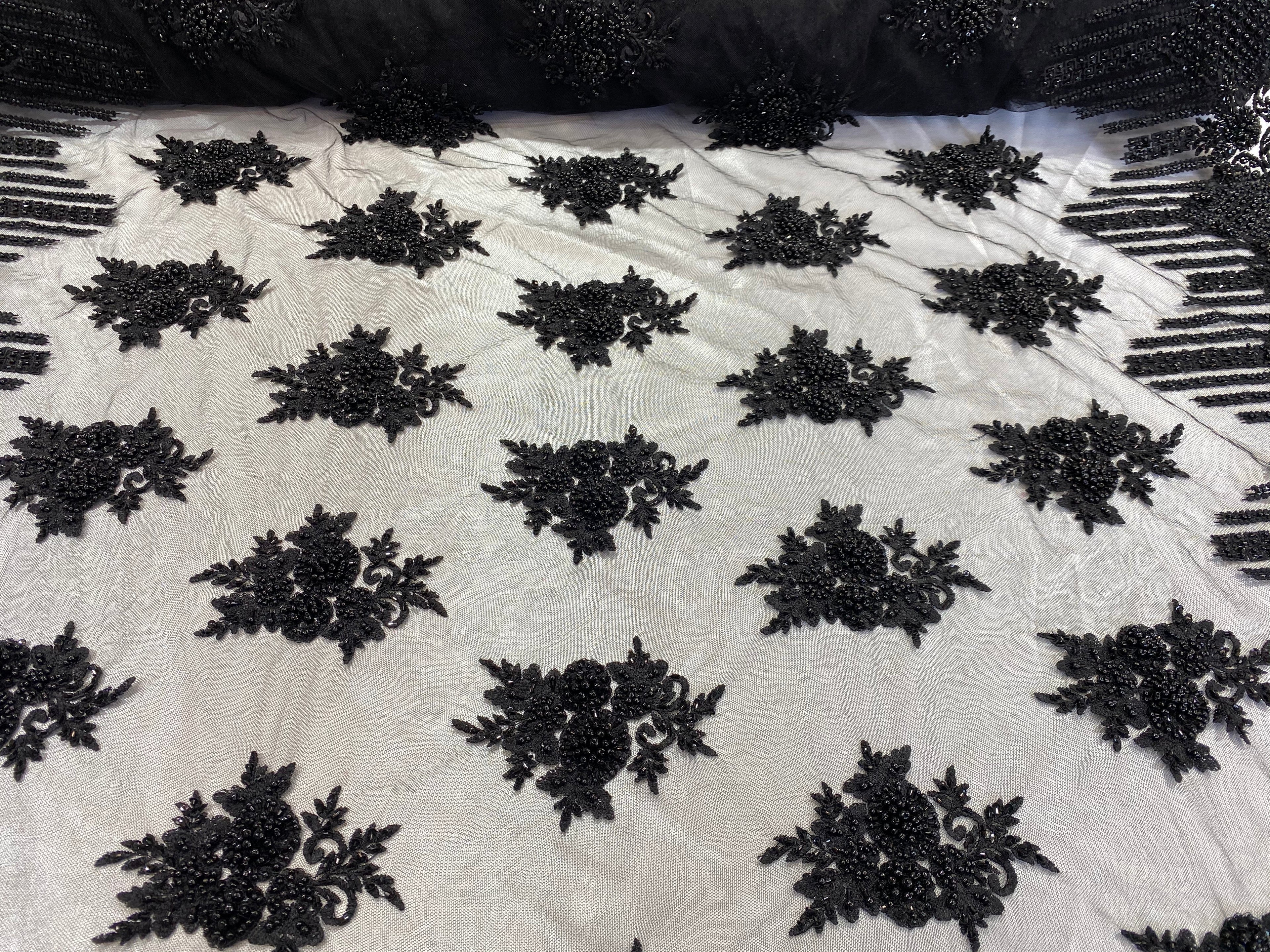 Sample Beaded Fabric - Black - Hand Embroidery Lace Bridal Floral Mesh Dress Fabric