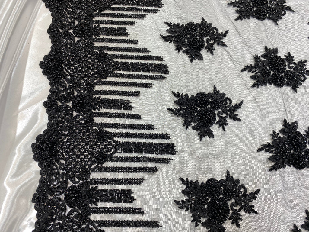 Beaded Fabric - Black - Hand Embroidery Lace Bridal Floral Mesh Dress Fabric By Yard