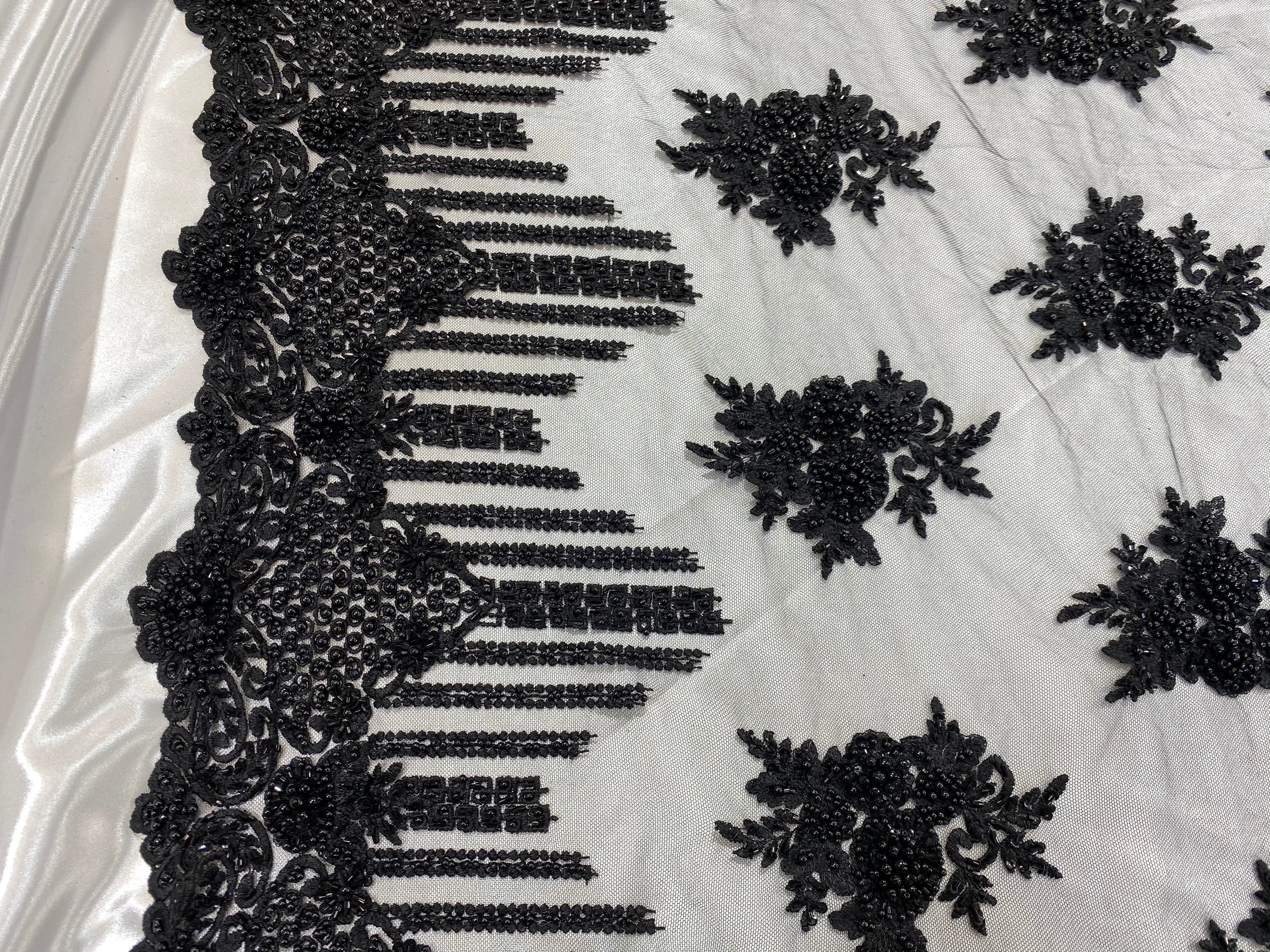 Beaded Fabric - Black - Hand Embroidery Lace Bridal Floral Mesh Dress Fabric By Yard