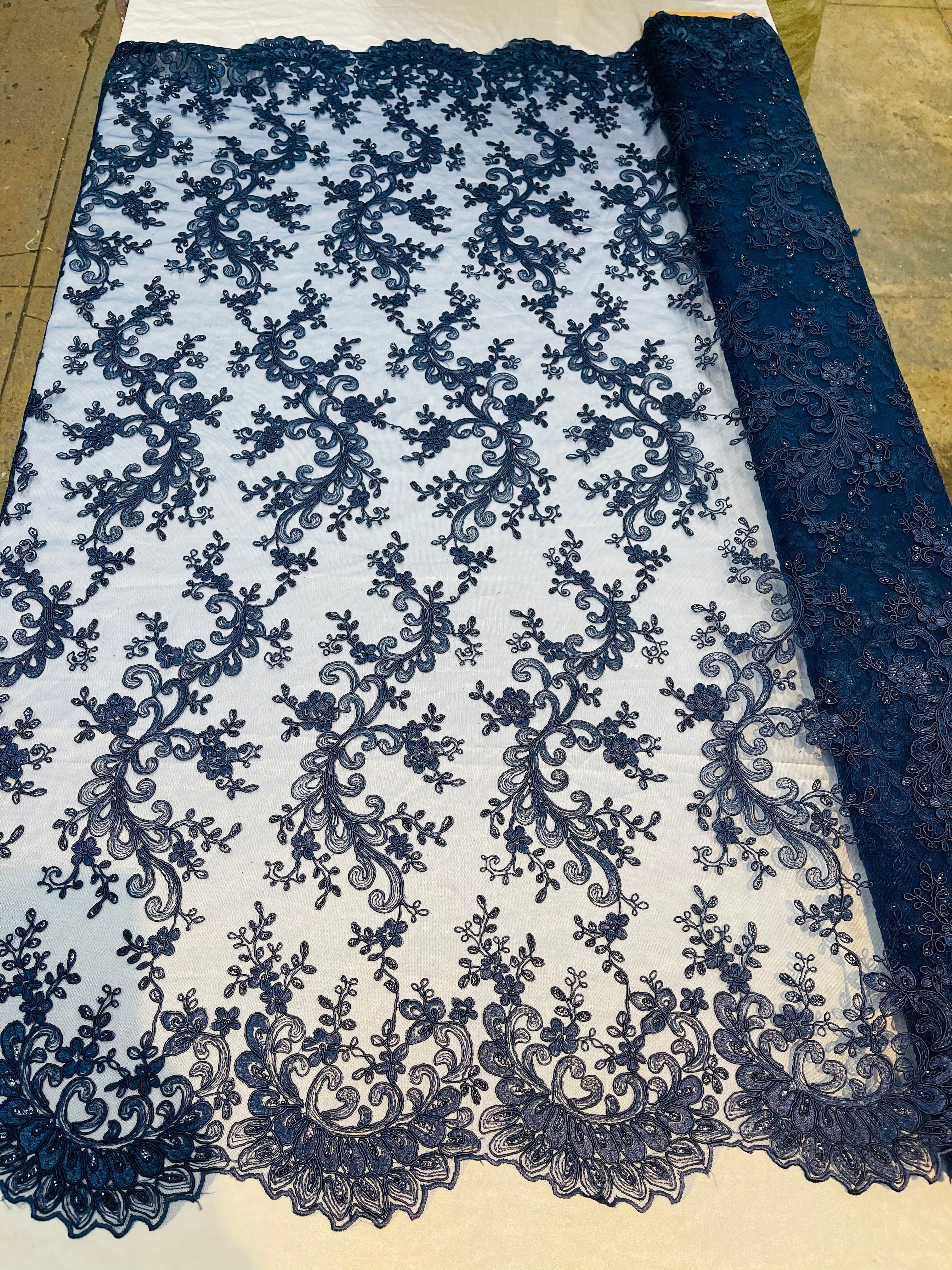 Lace Sequins Fabric - Navy Blue - Corded Flower Embroidery Design Mesh Fabric By The Yard