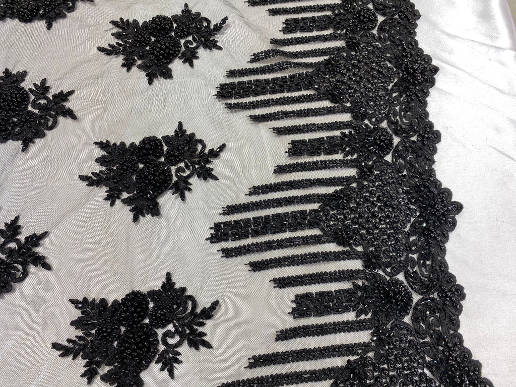 Sample Beaded Fabric - Black - Hand Embroidery Lace Bridal Floral Mesh Dress Fabric
