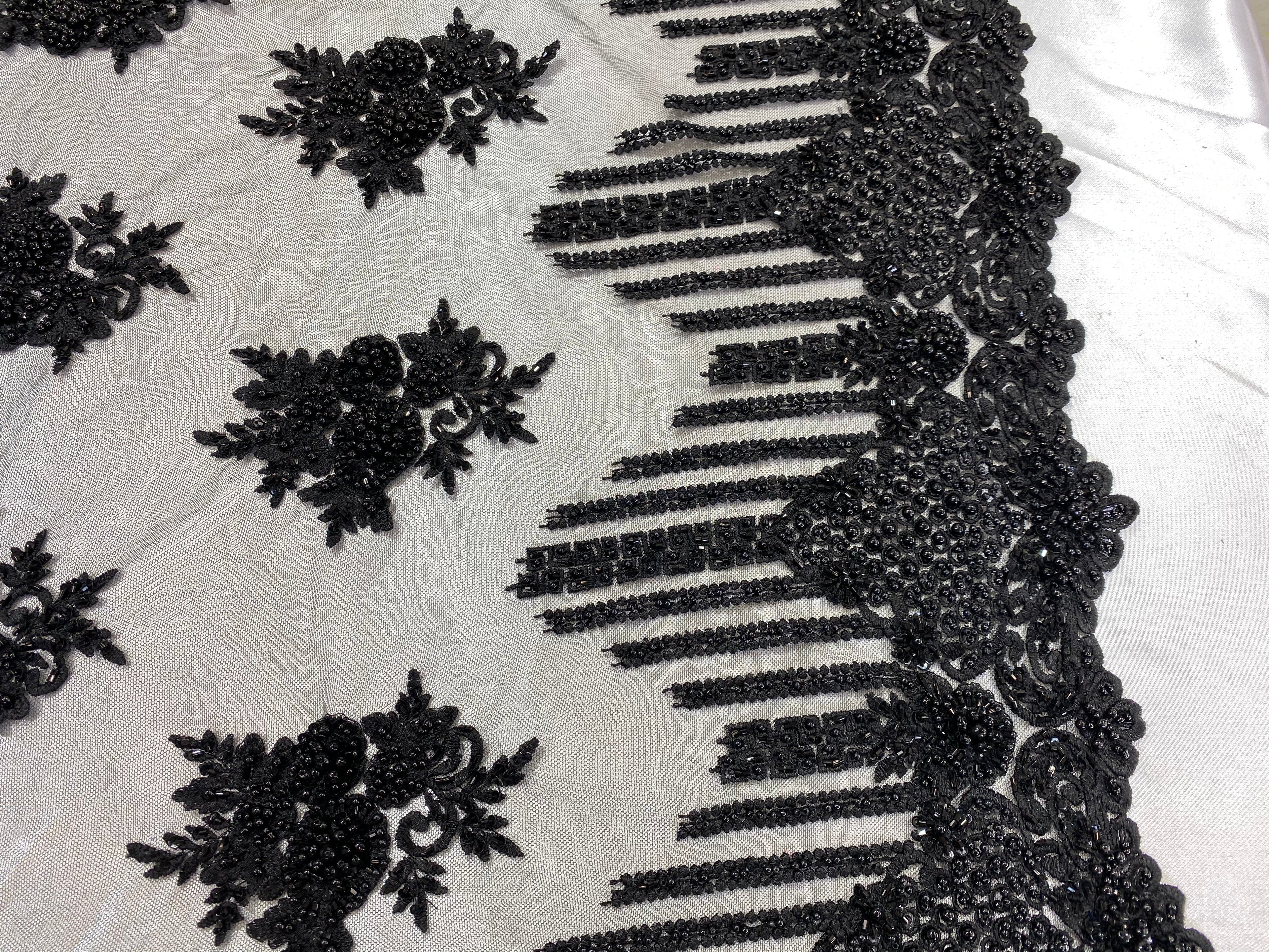 Sample Beaded Fabric - Black - Hand Embroidery Lace Bridal Floral Mesh Dress Fabric