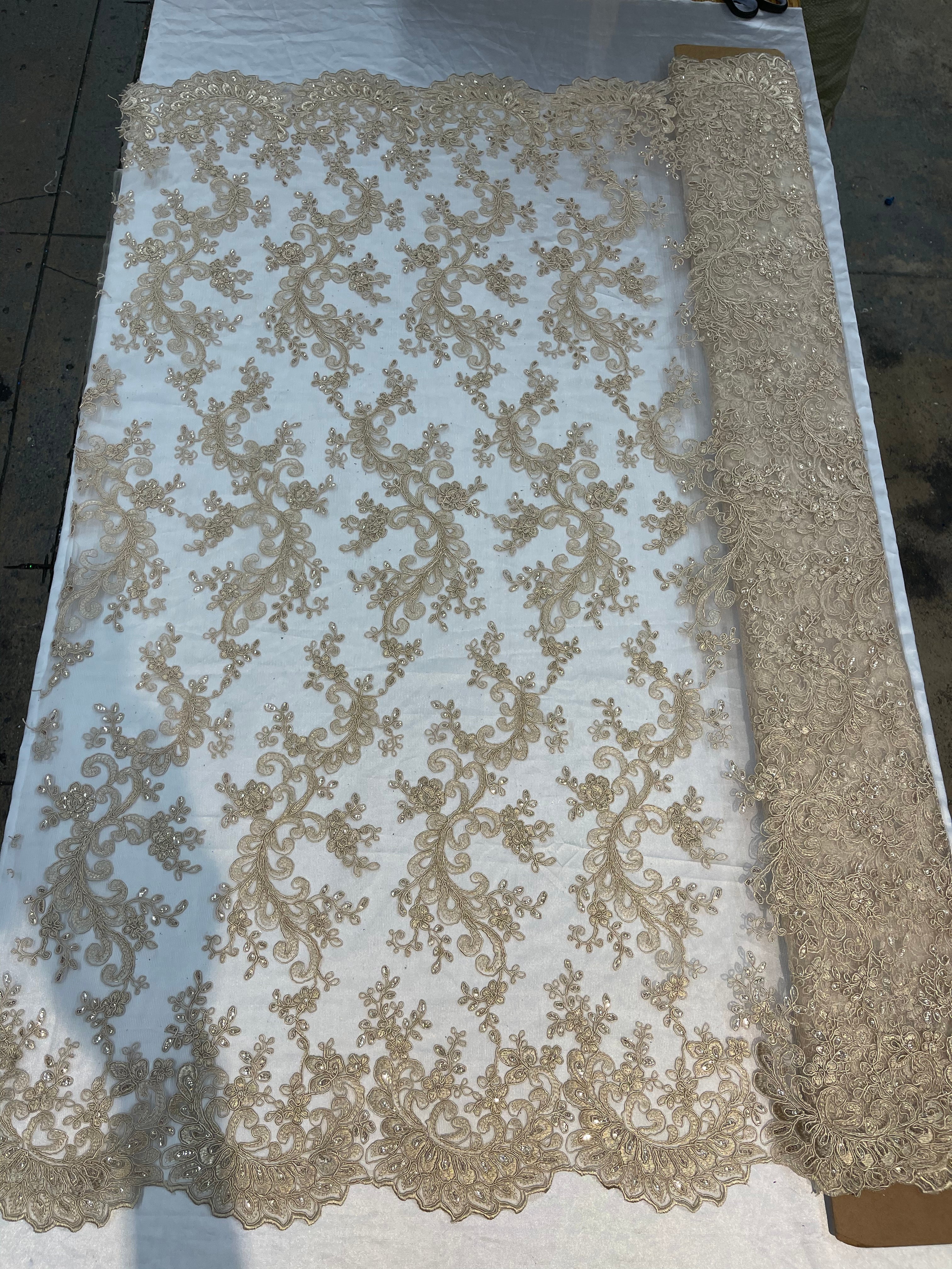 Lace Sequins Fabric - Champagne - Corded Flower Embroidery Design Mesh Fabric By The Yard