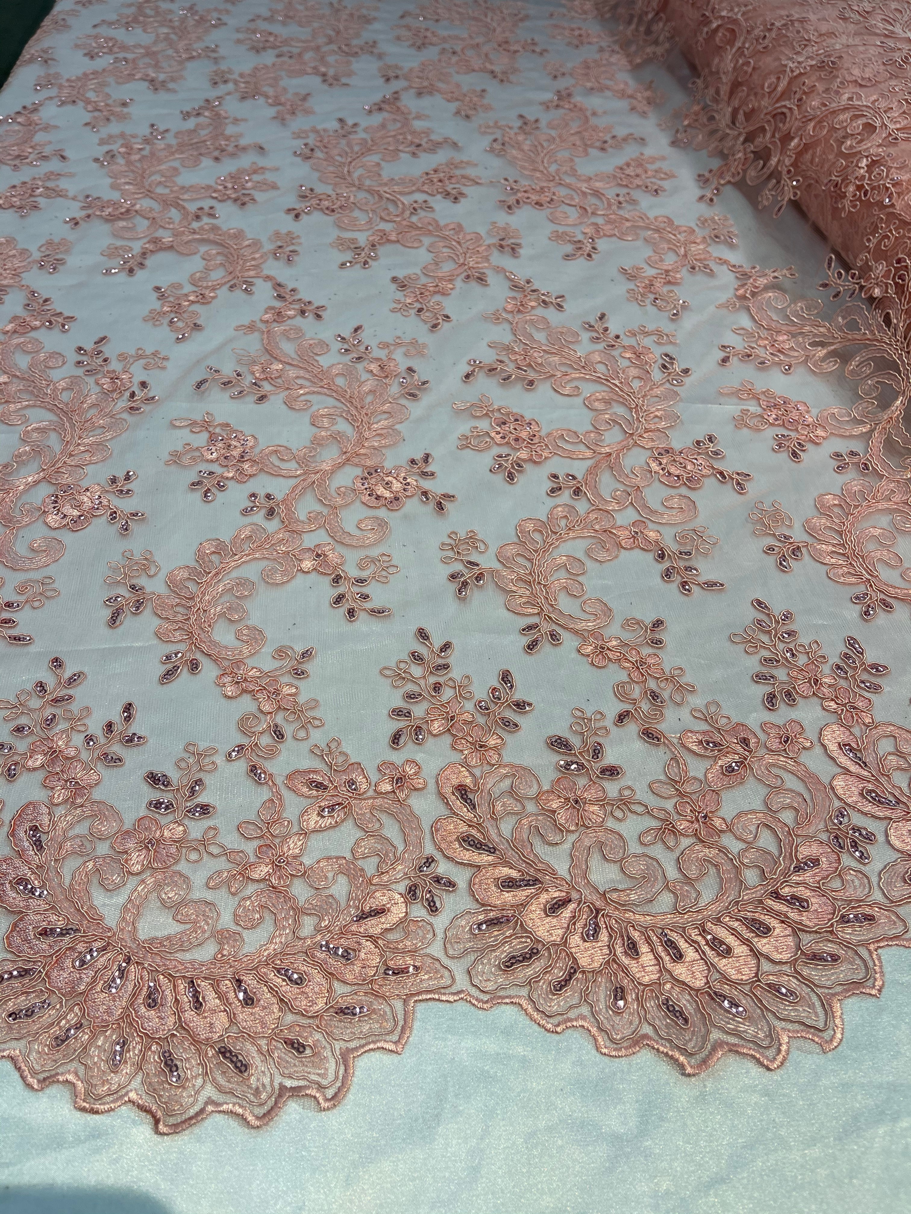 Lace Sequins Fabric - Coral - Corded Flower Embroidery Design Mesh Fabric By The Yard