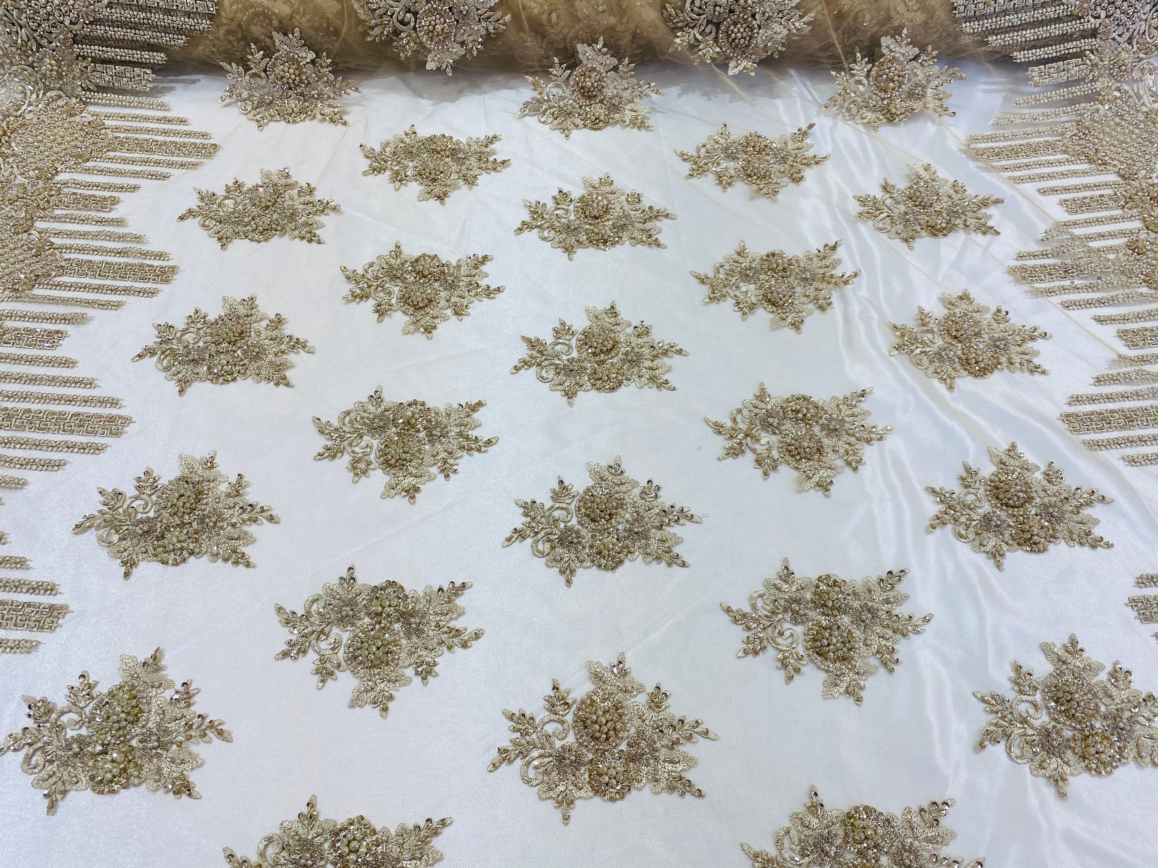 Beaded Fabric - Champagne - Hand Embroidery Lace Bridal Floral Mesh Dress Fabric By Yard