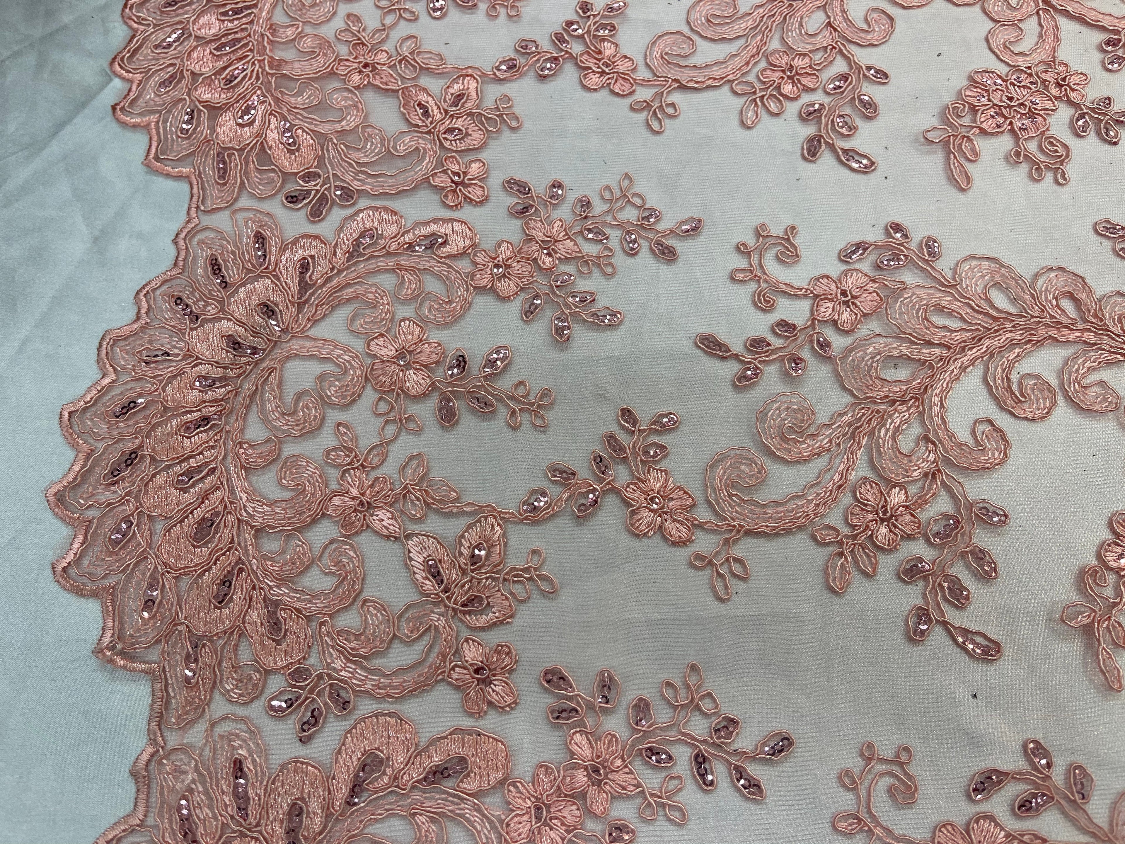 Lace Sequins Fabric - Coral - Corded Flower Embroidery Design Mesh Fabric By The Yard