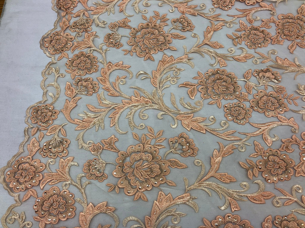 Beaded Floral - BLUSH PEACH - Luxury Wedding Bridal Embroidery Lace Fabric Sold By The Yard