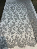 Lace Sequins Fabric - Silver - Corded Flower Embroidery Design Mesh Fabric By The Yard