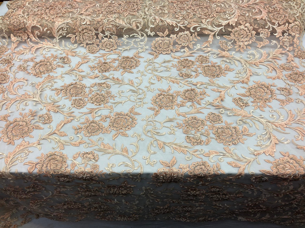 Beaded Floral - BLUSH PEACH - Luxury Wedding Bridal Embroidery Lace Fabric Sold By The Yard