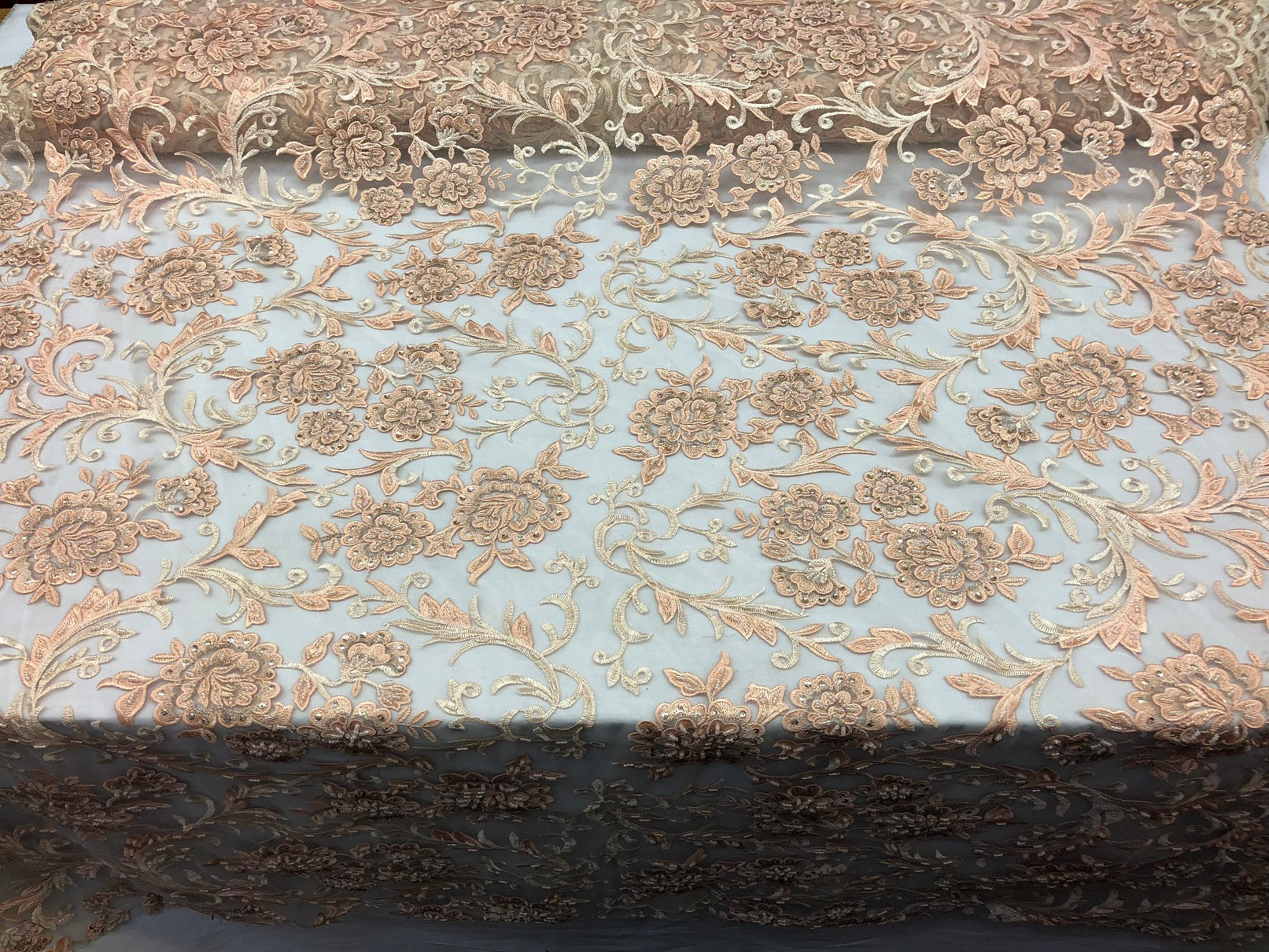 Beaded Floral - BLUSH PEACH - Luxury Wedding Bridal Embroidery Lace Fabric Sold By The Yard