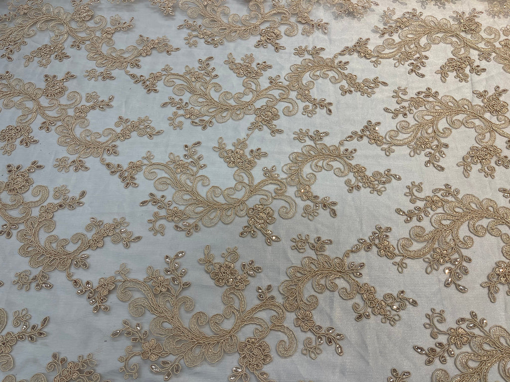 Lace Sequins Fabric - Beige - Corded Flower Embroidery Design Mesh Fabric By The Yard