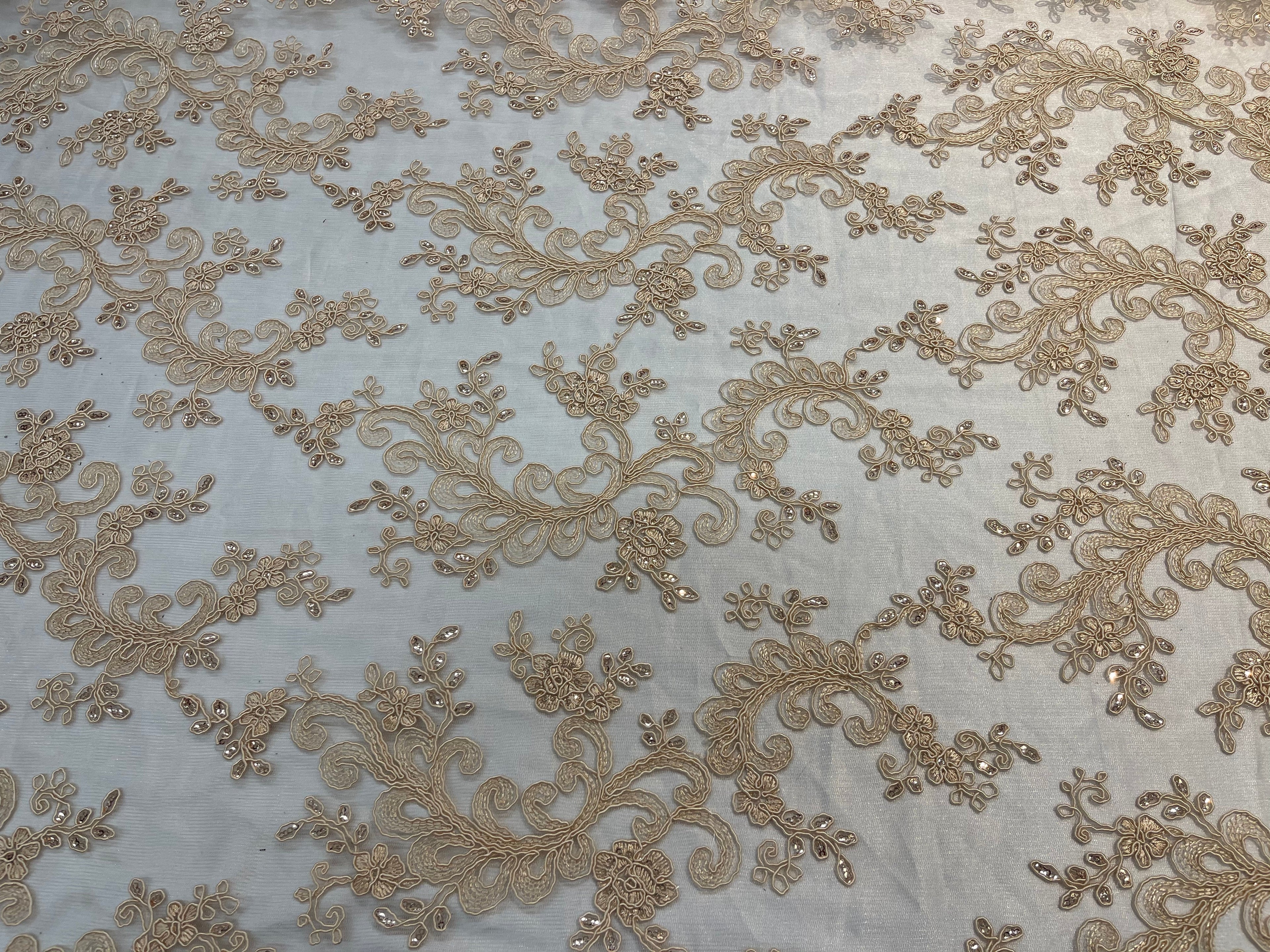 Lace Sequins Fabric - Beige - Corded Flower Embroidery Design Mesh Fabric By The Yard