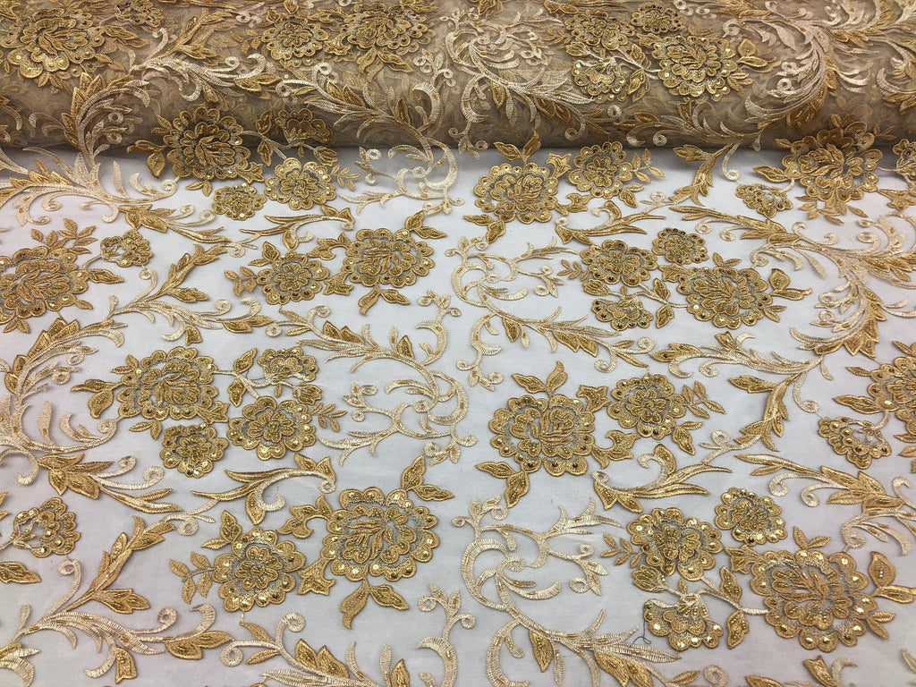 Beaded Floral - GOLD - Luxury Wedding Bridal Embroidery Lace Fabric Sold By The Yard